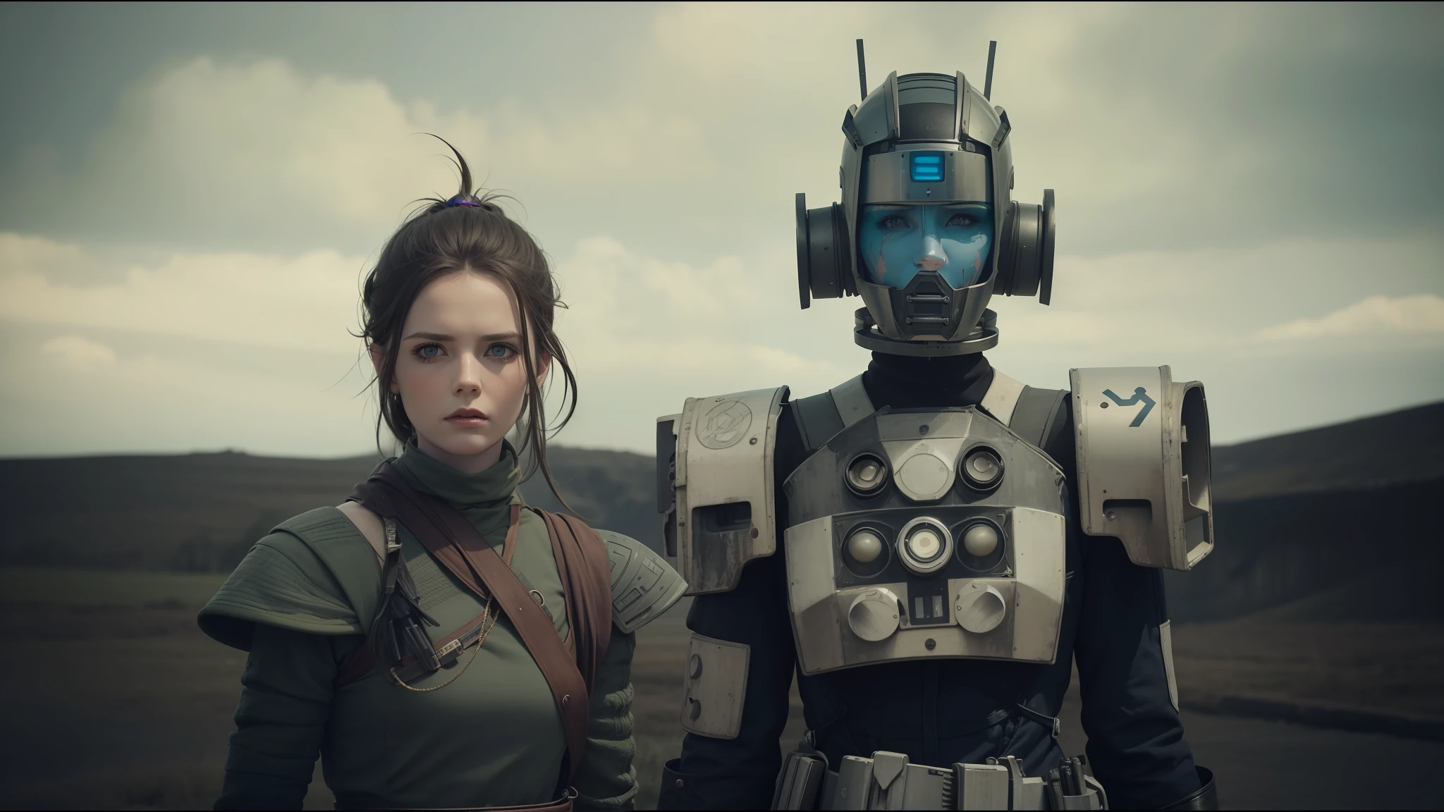 there is a woman next to a robot in a field, inspired by Nína Tryggvadóttir, vfx, smogpunk, irreverent characters, non-binary epic model, heath, mid-plane of two characters, after-effects, human soldiers, oilpunk, by Nína Tryggvadóttir, pathfinder