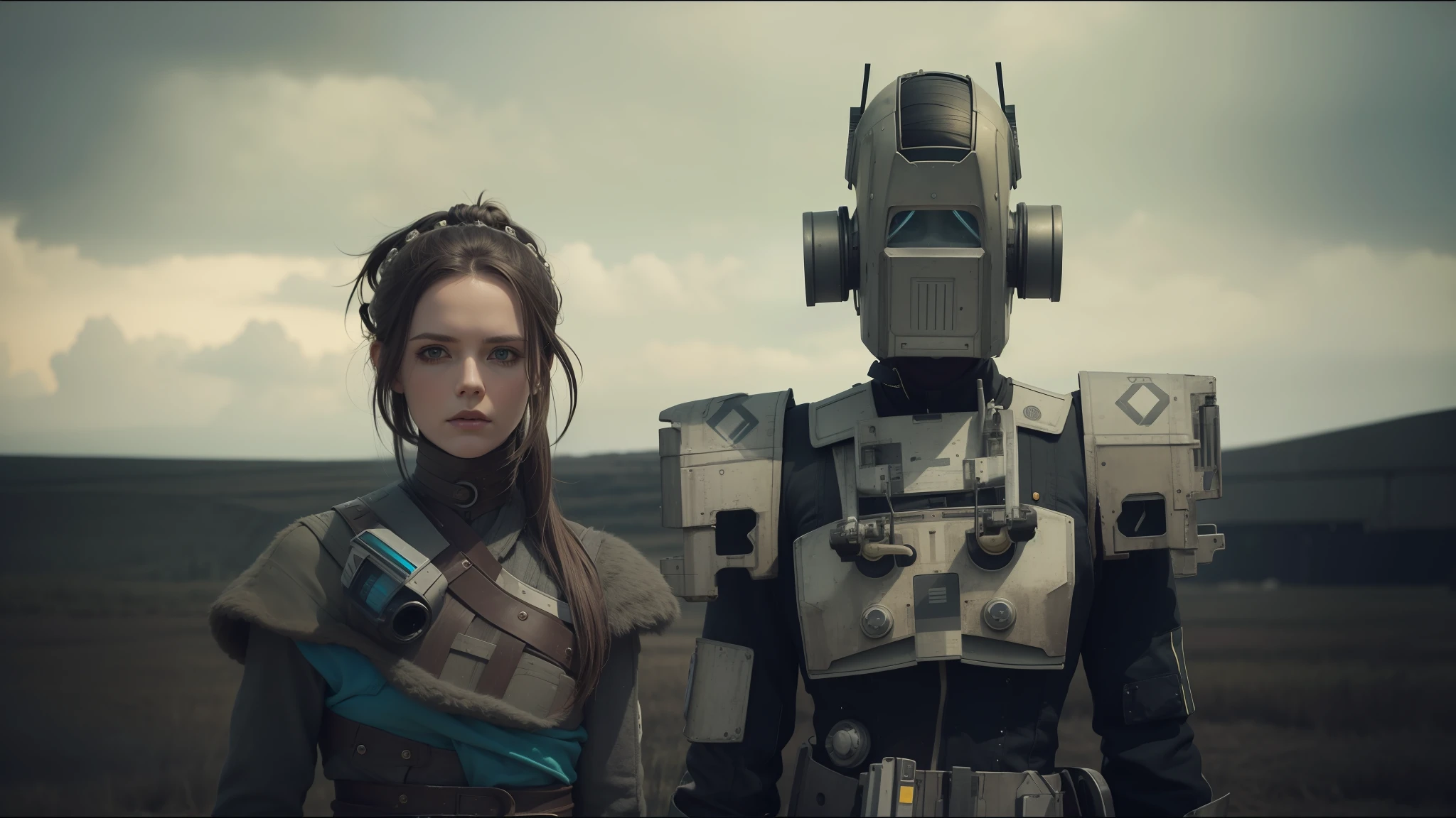 there is a woman next to a robot in a field, inspired by Nína Tryggvadóttir, vfx, smogpunk, irreverent characters, non-binary epic model, heath, mid-plane of two characters, after-effects, human soldiers, oilpunk, by Nína Tryggvadóttir, pathfinder