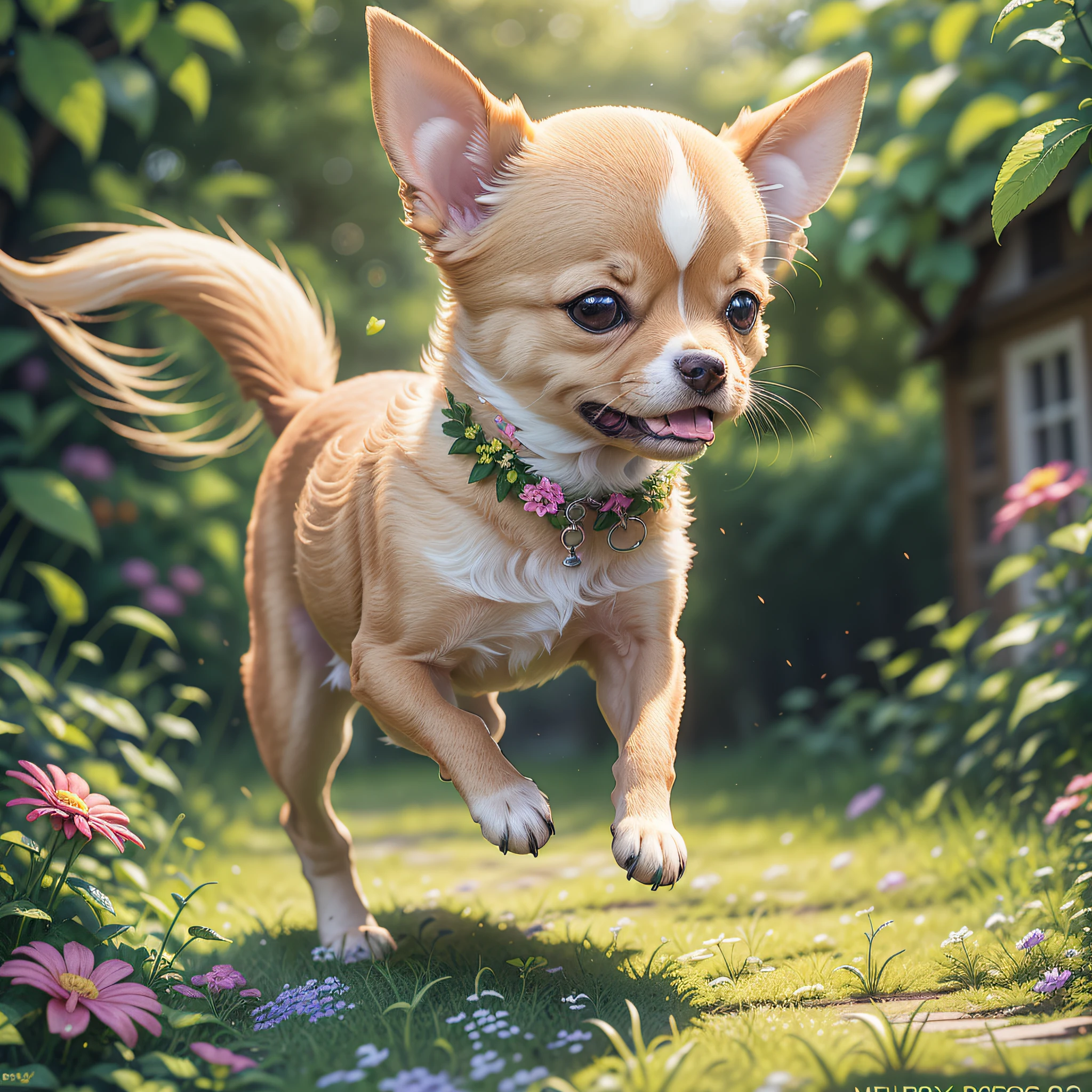 A cute and happy chihuahua puppy running through a wide garden, leafy trees and colorful flowers, meadow, happy, happy, perfect quality, clear focus (mess-house: 0.8), (masterpiece: 1.2) (Realistic: 1.2) (Bokeh) (Best quality) (Detailed skin: 1.3) (Intricate details) (8K) (Detail eyes) (Sharp focus), (Happy) --auto --s2