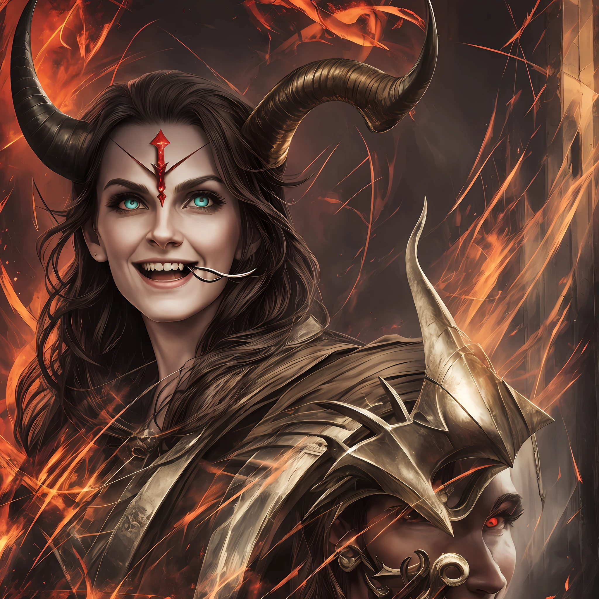 Create show with horns and an eye in hand laughing holding a sickle with some head --auto --s2