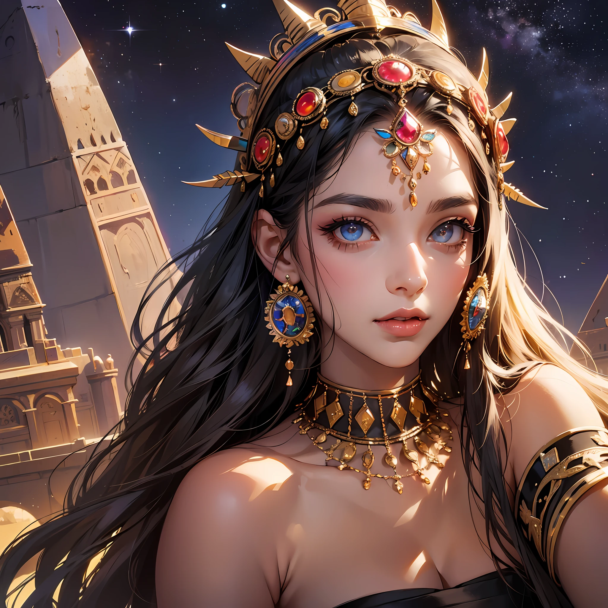 (masterpiece: 1.2), (best quality: 1.2), large evidence genitalia, perfect eyes, perfect face, perfect lighting, photo shoot, 1girl, mature female wearing SSAHC, SSAHC, dark skinned, colorful tribal dress, headdress, thick eyelashes, makeup, eyeshadow, medium hair, oasis, desert with pyramids detailed outdoor background --auto --s2