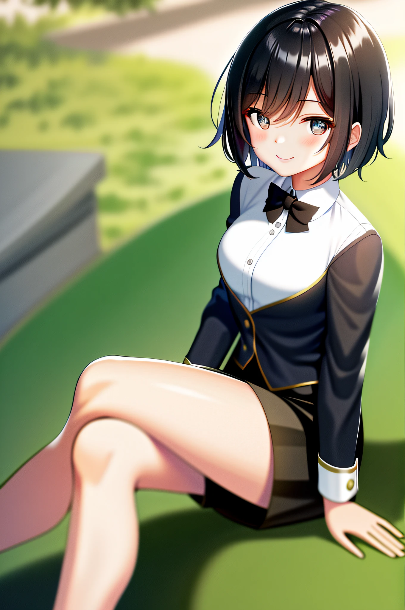 masterpiece, hi-res, best quality, 1 girl solo, beautiful eyes, black hair, short hair, uniform, sitting, smile, park, summer, sunny, viewer