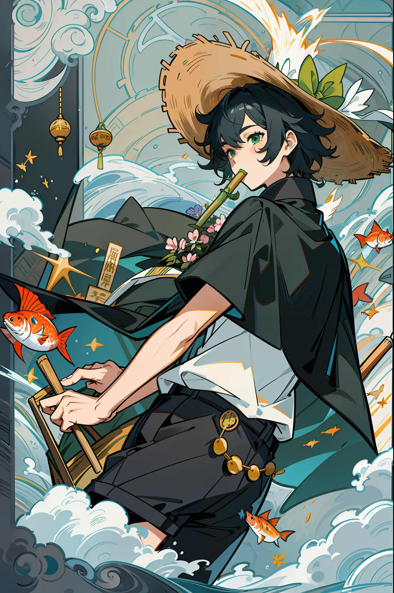 Black-haired male pupil, boy, short-sleeved shorts, wearing a long cape, a straw hat with two streamers and countless wind chimes, blowing a green flute on the back of a huge fish made of water, leading more fish behind him