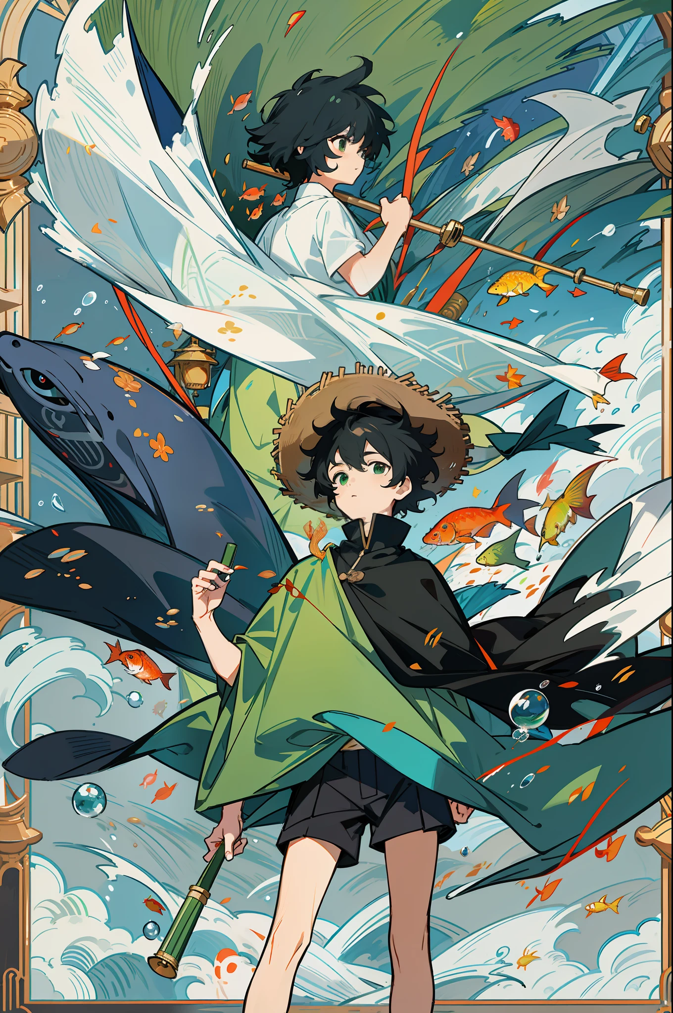 Black-haired male pupil, boy, short-sleeved shorts, wearing a long cape, a straw hat with two streamers and countless wind chimes, blowing a green flute on the back of a huge fish made of water, leading more fish behind him
