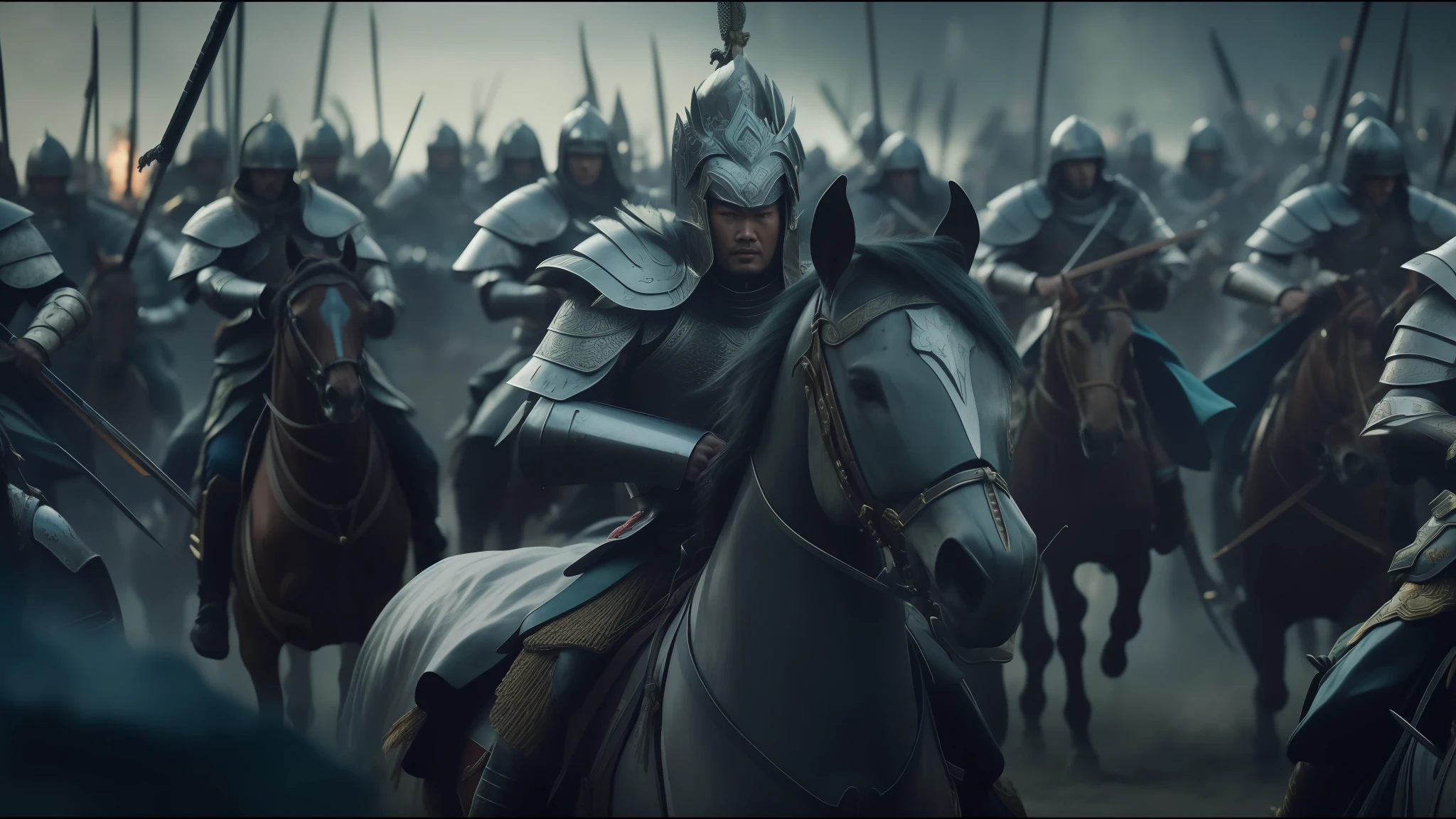 arafada image of a group of men in armor riding horses, yanjun chengt, static frame of a movie, undead soldiers in the background, animated film, inspired by Huang Guangjian, color grading, promotional images, the king of death