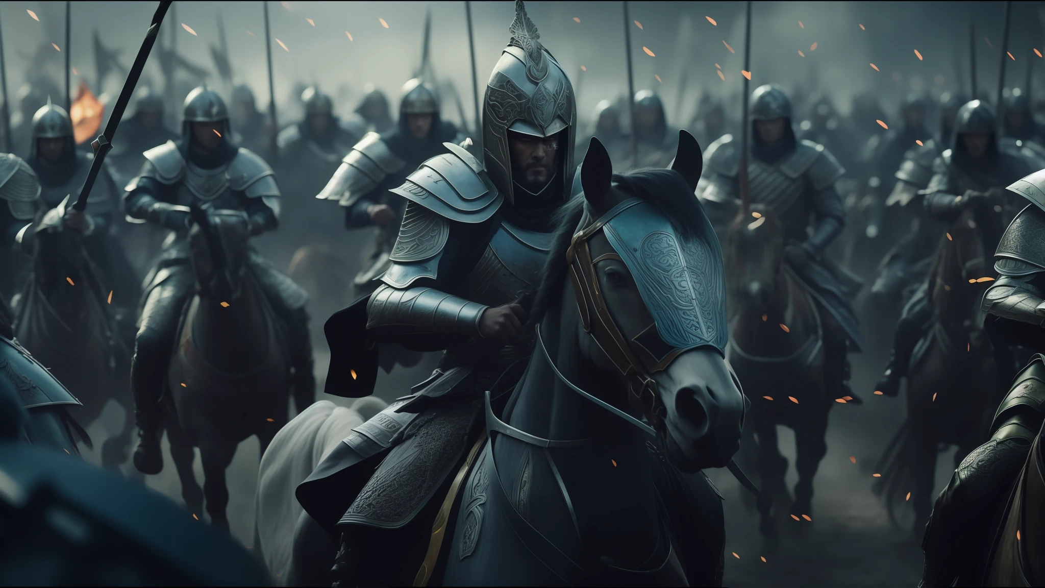 arafada image of a group of men in armor riding horses, yanjun chengt, static frame of a movie, undead soldiers in the background, animated film, inspired by Huang Guangjian, color grading, promotional images, the king of death