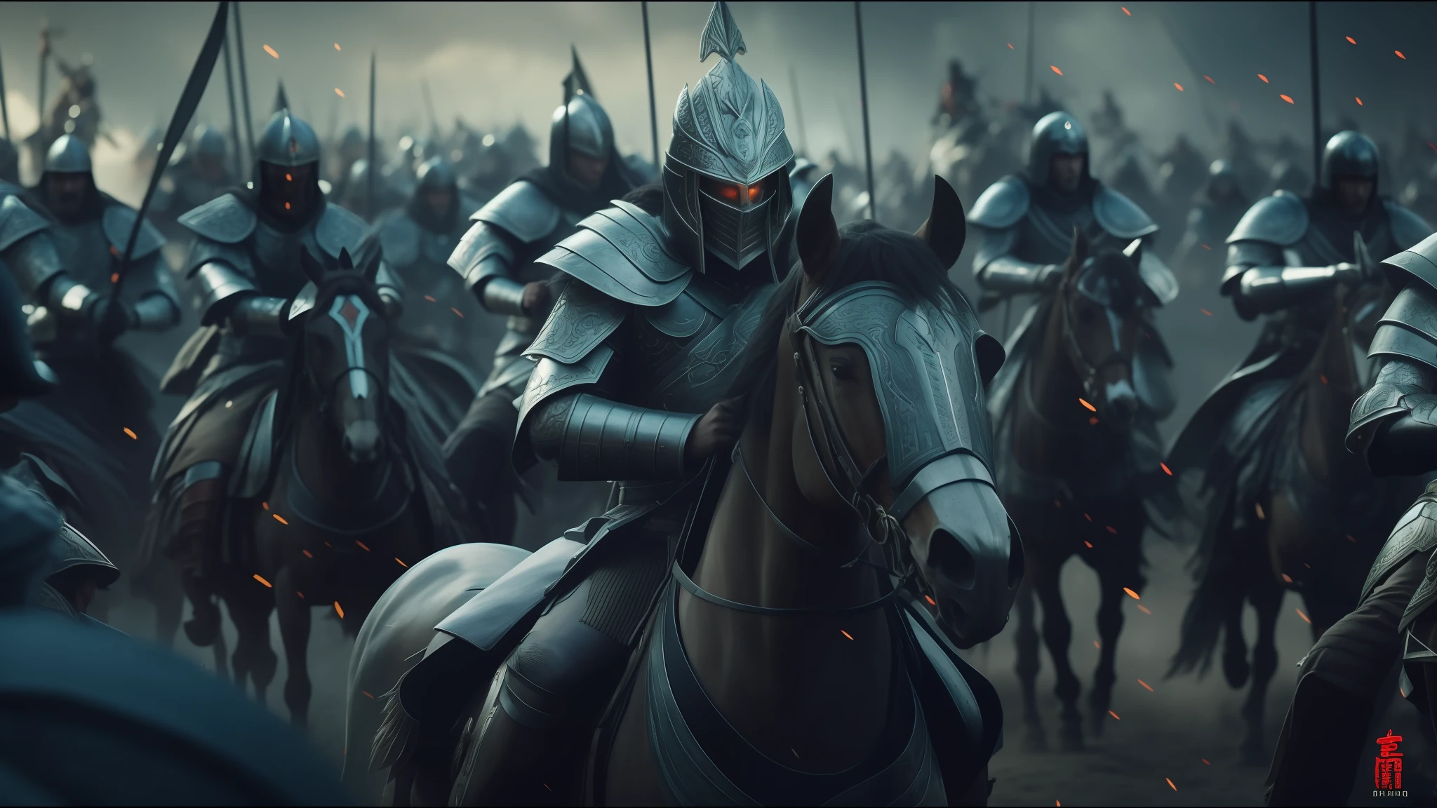 arafada image of a group of men in armor riding horses, yanjun chengt, static frame of a movie, undead soldiers in the background, animated film, inspired by Huang Guangjian, color grading, promotional images, the king of death