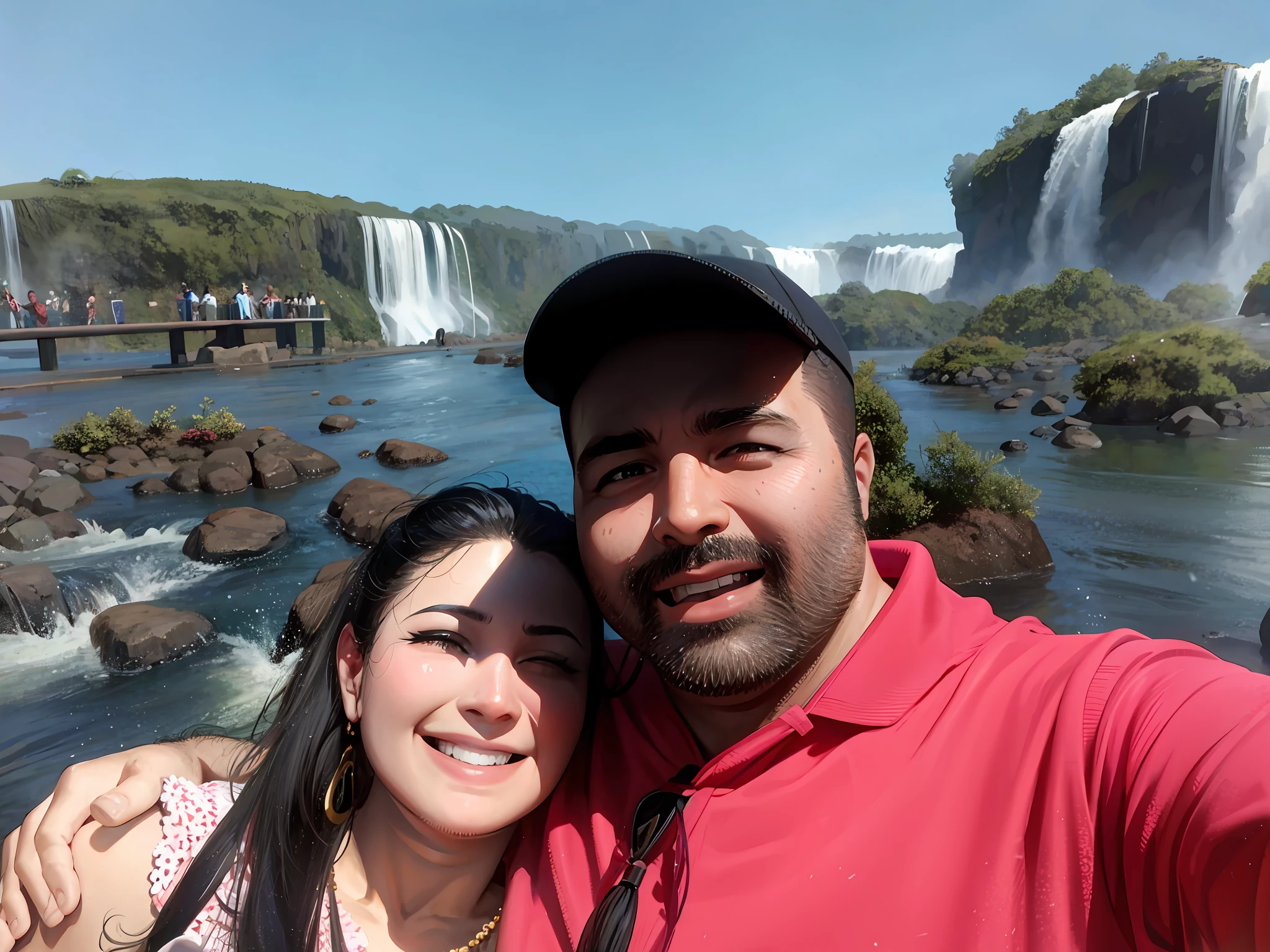 arafed man and woman taking a selfie in front of a waterfall, vacation photo, waterfalls in the background, david rios ferreira, with waterfalls and river, by Nándor Katona, with a waterfalls, in sao paulo, by Luis Miranda, with waterfalls, foto, by Willian Murai, couple, usa-sep 20, stunning sight