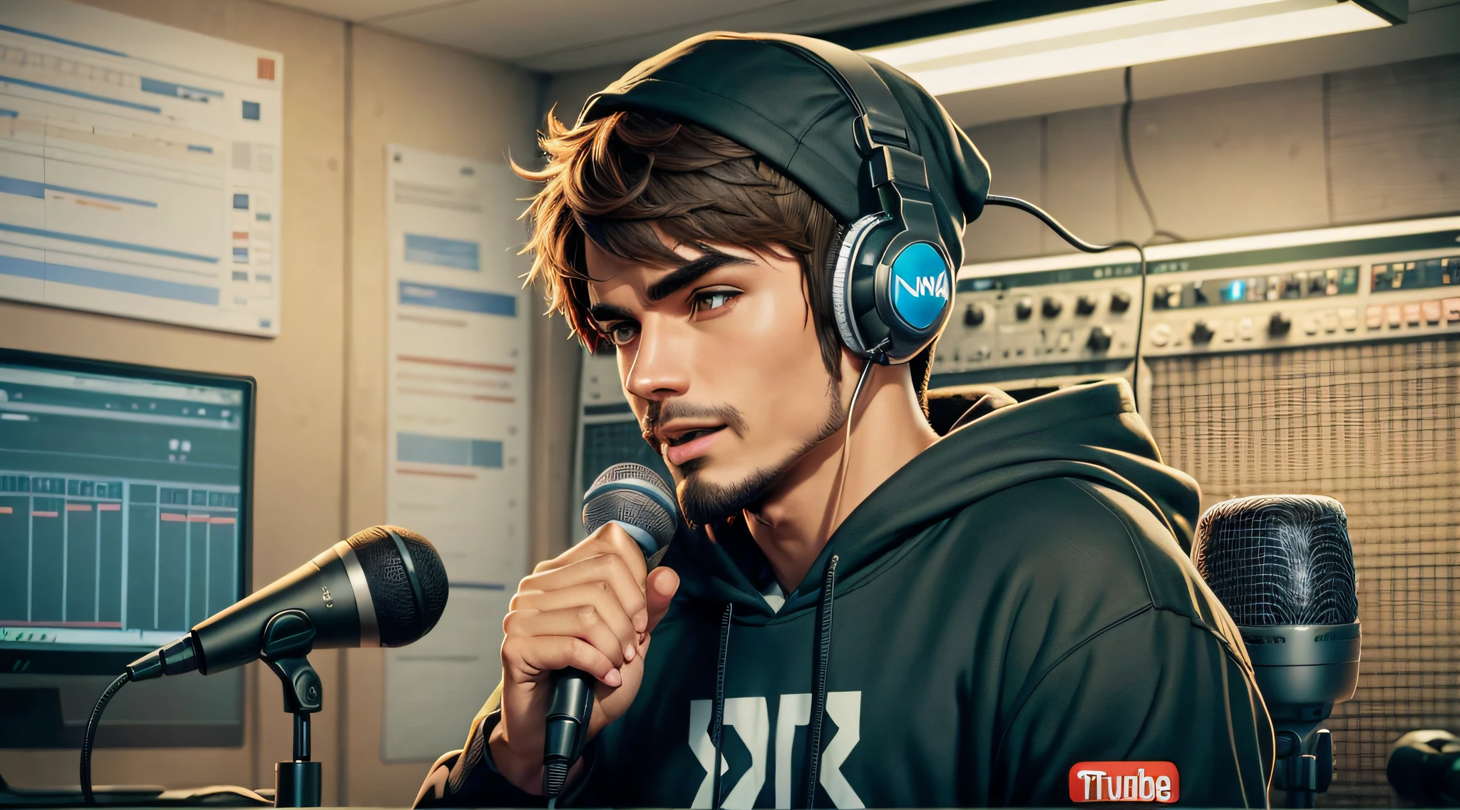 A banner for a YouTube channel, Ninja Dark, wearing a hoodie on his head, inside a studio, in front of a microphone and with a headset on his head --auto --s2