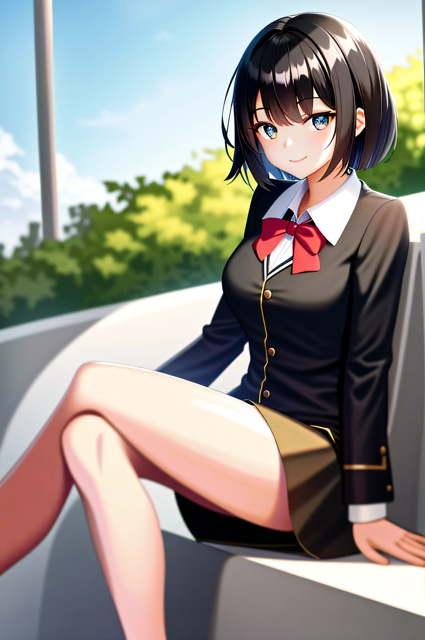 masterpiece, hi-res, best quality, 1 girl solo, beautiful eyes, black hair, short hair, uniform, sitting, smile, park, summer, sunny, viewer