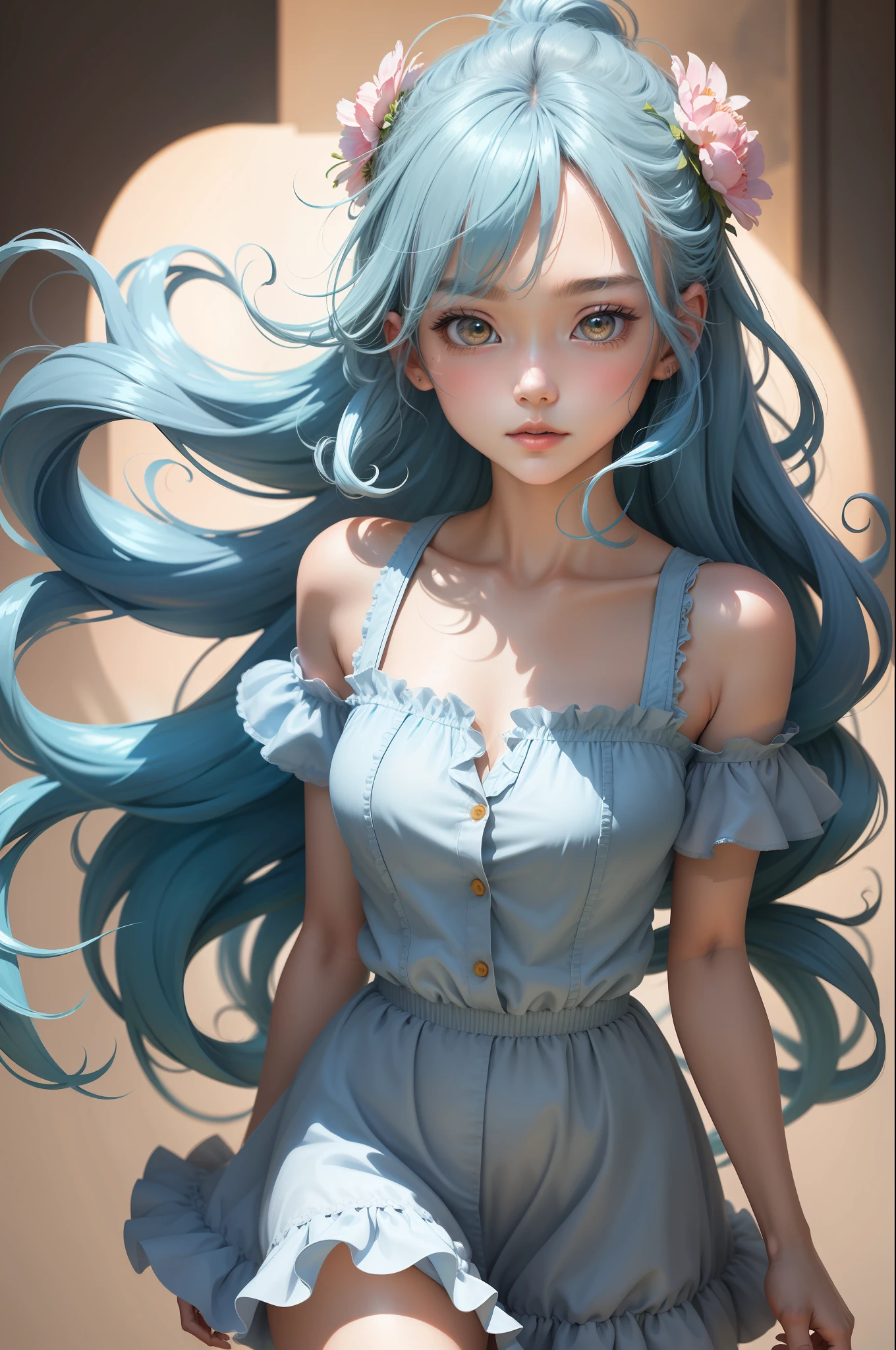 (masterpiece), (best quality), (ultra detailed),(disheveled hair),(illustration), (1girl), (Fashionable clothing), standing, Fashion model, looking at viewer, (interview), (simple background),beautiful detailed eyes, delicate beautiful face, Floating,(high saturation),(colorful splashes),colorful bubble,(shining), focus on face, ponytail, kamisato ayaka, light blue hair, bangs, hair ring, floating flowers, floating hairs, (shining), best lighting, best shadow,