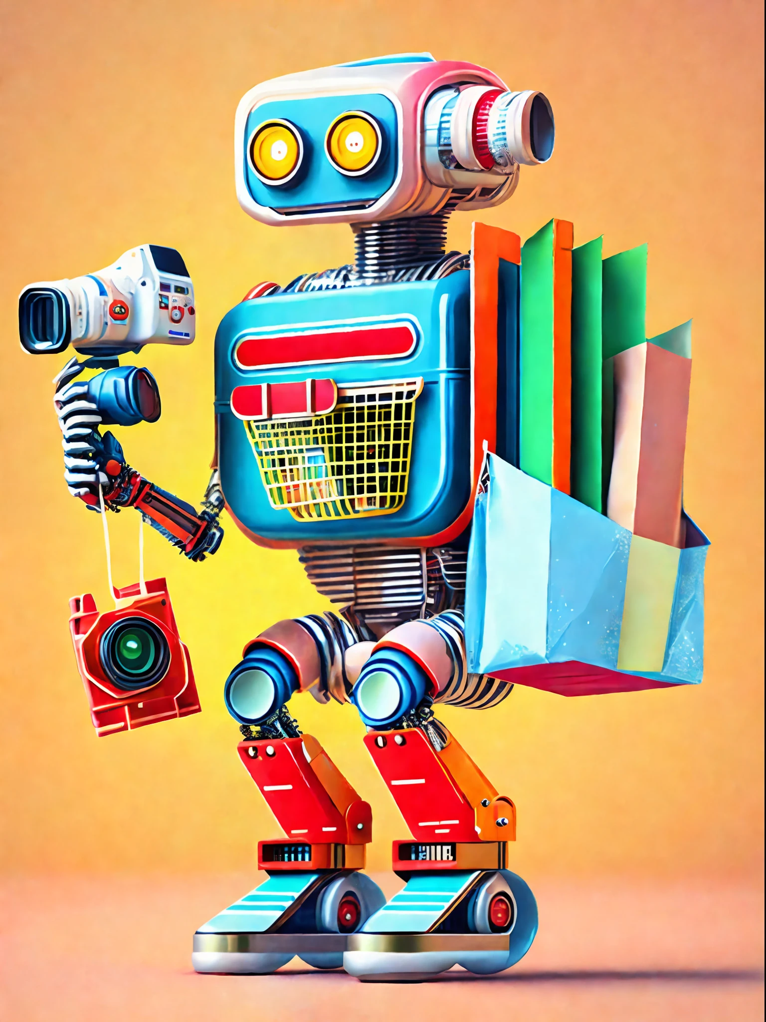 (Best quality),(masterpiece),(ultra detailed),(4k resolution),(extremely detailed) digital art of a robot holding the camera on an American shopping cart in the style of a 1970’s illustration