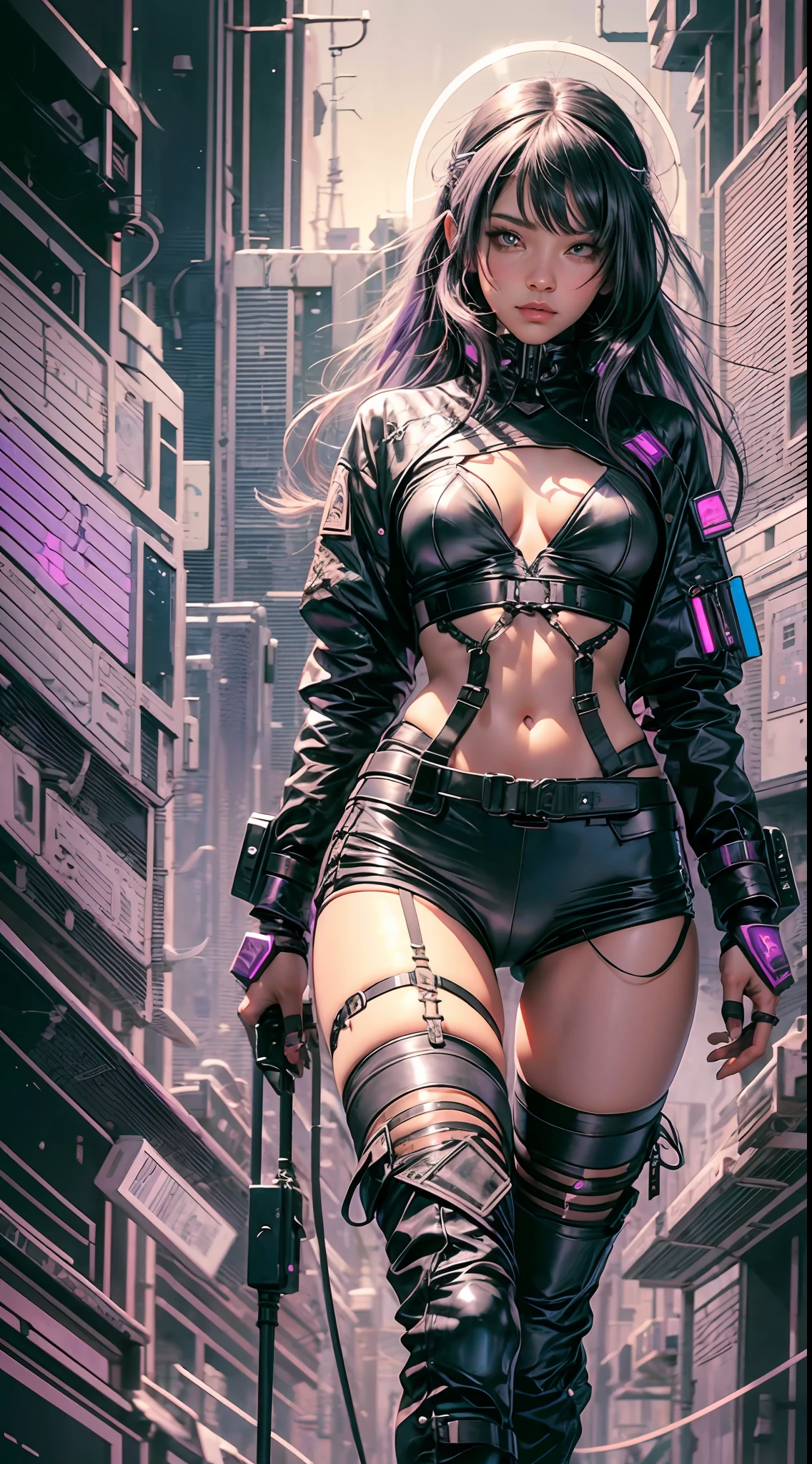 1necromancer girl with lilac techwear clothes, black long hair, laces, abstract vintage scifi background, art by Moebius, art by Ashley Wood