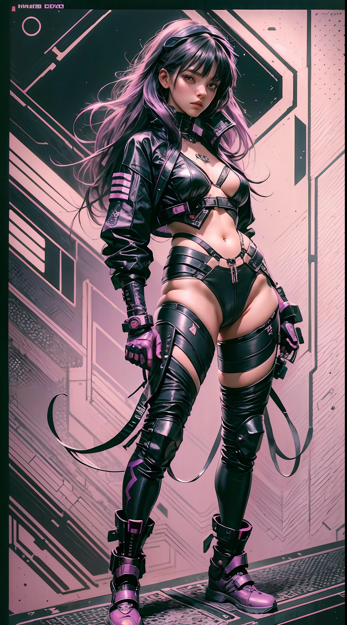 1necromancer girl with lilac techwear clothes, black long hair, laces, abstract vintage scifi background, art by Moebius, art by Ashley Wood