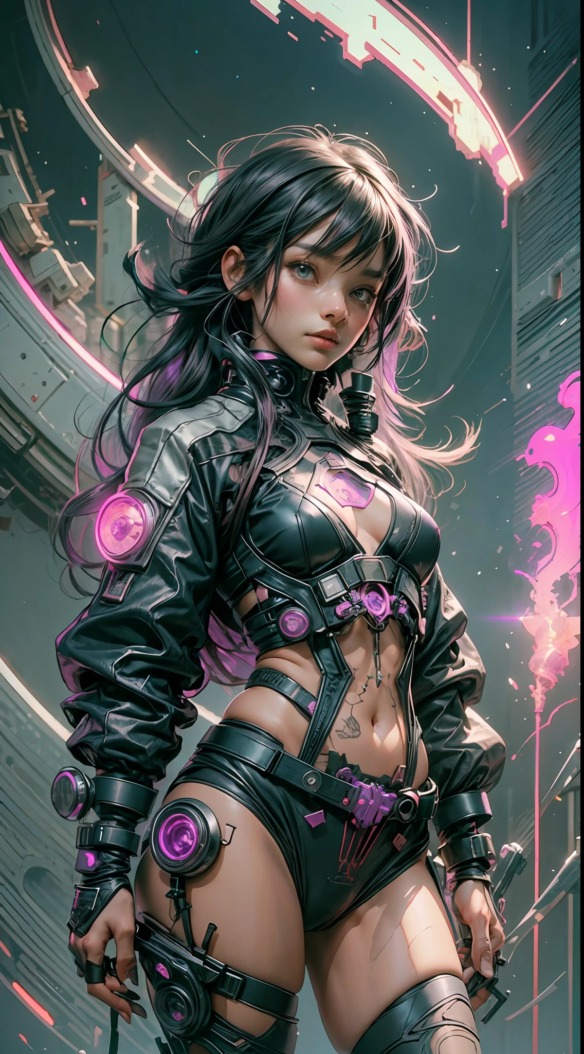 1necromancer girl with lilac techwear clothes, black long hair, laces, abstract vintage scifi background, art by Moebius, art by Ashley Wood