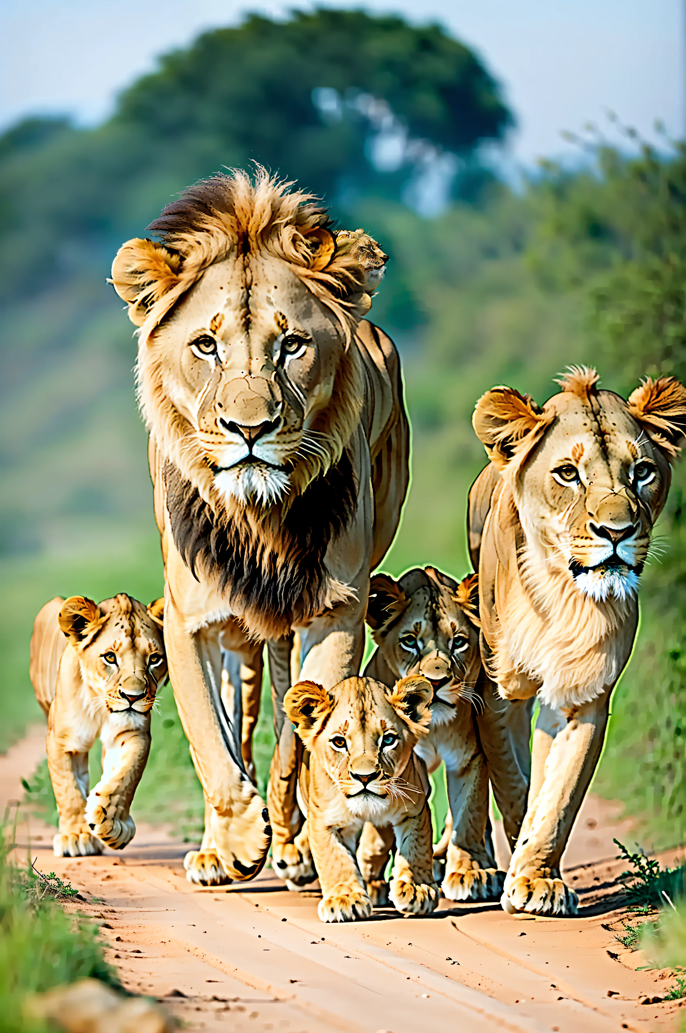 Three small lion cubs walking, being followed by their mother one ((vigorous lioness)), and their father lion with lush mane, frontal vision, natural environment,