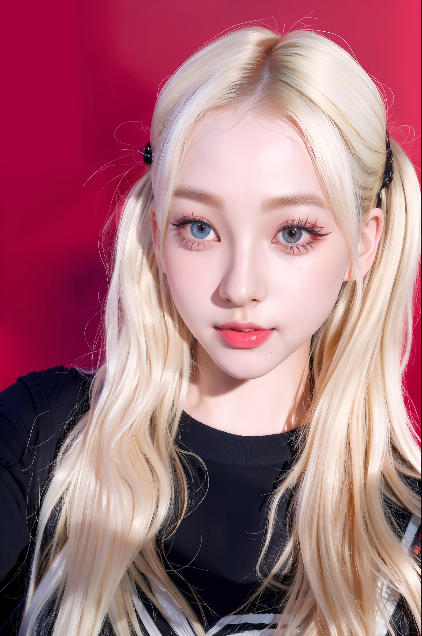 (8k, 4k, best quality, highres, ultra high res:1.1), (masterpiece, realistic, photo-realistic:1.1), 1girl, face, close-up, twintails, blonde hair, black eyes, red lips, (looking at viewer:1.5), absurdly long hair, long eyelashes, eyeshadow, small face, big eyes,high contrast,