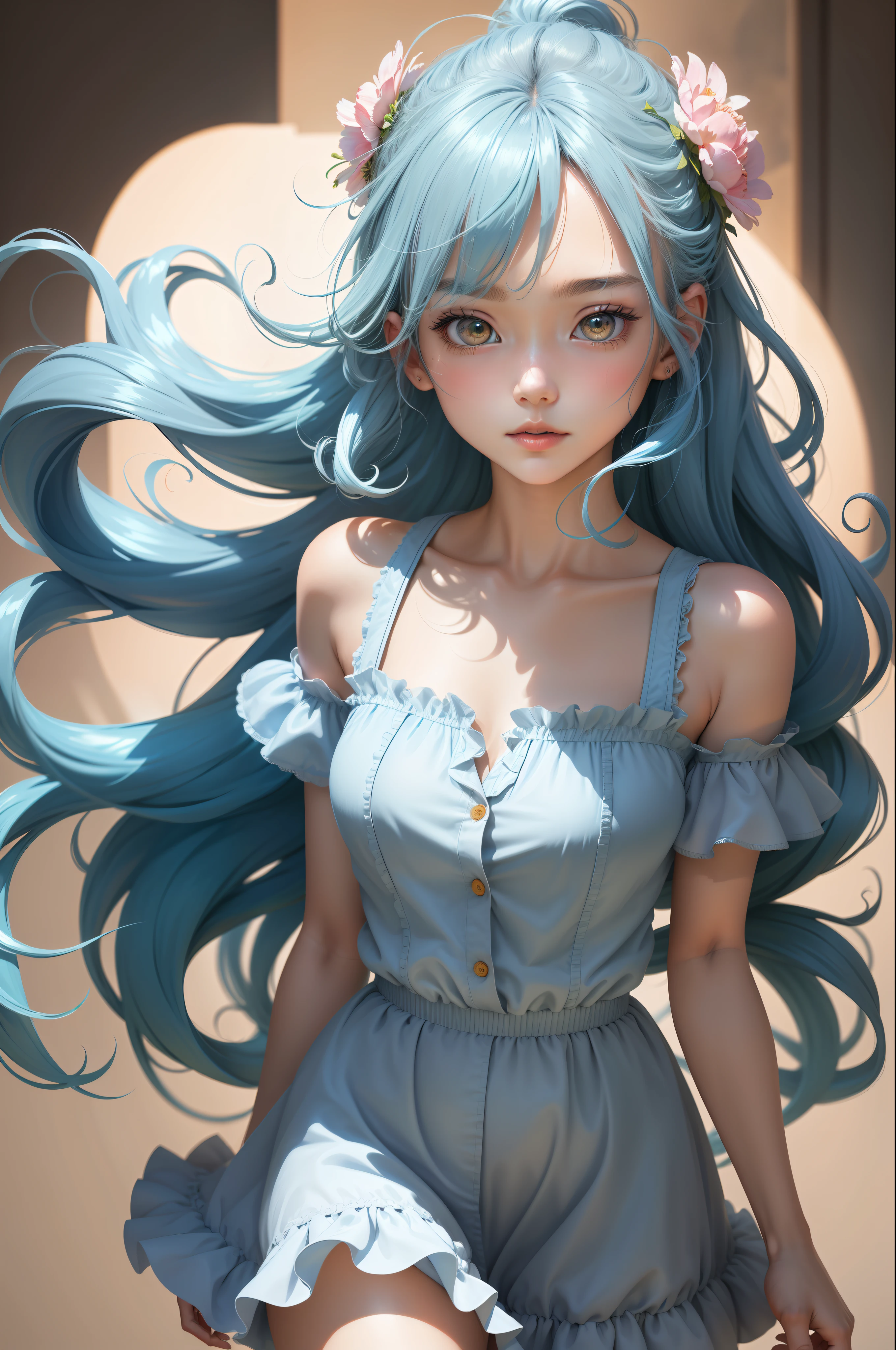 (masterpiece), (best quality), (ultra detailed),(disheveled hair),(illustration), (1girl), (Fashionable clothing), standing, Fashion model, looking at viewer, (interview), (simple background),beautiful detailed eyes, delicate beautiful face, Floating,(high saturation),(colorful splashes),colorful bubble,(shining), focus on face, ponytail, kamisato ayaka, light blue hair, bangs, hair ring, floating flowers, floating hairs, (shining), best lighting, best shadow,