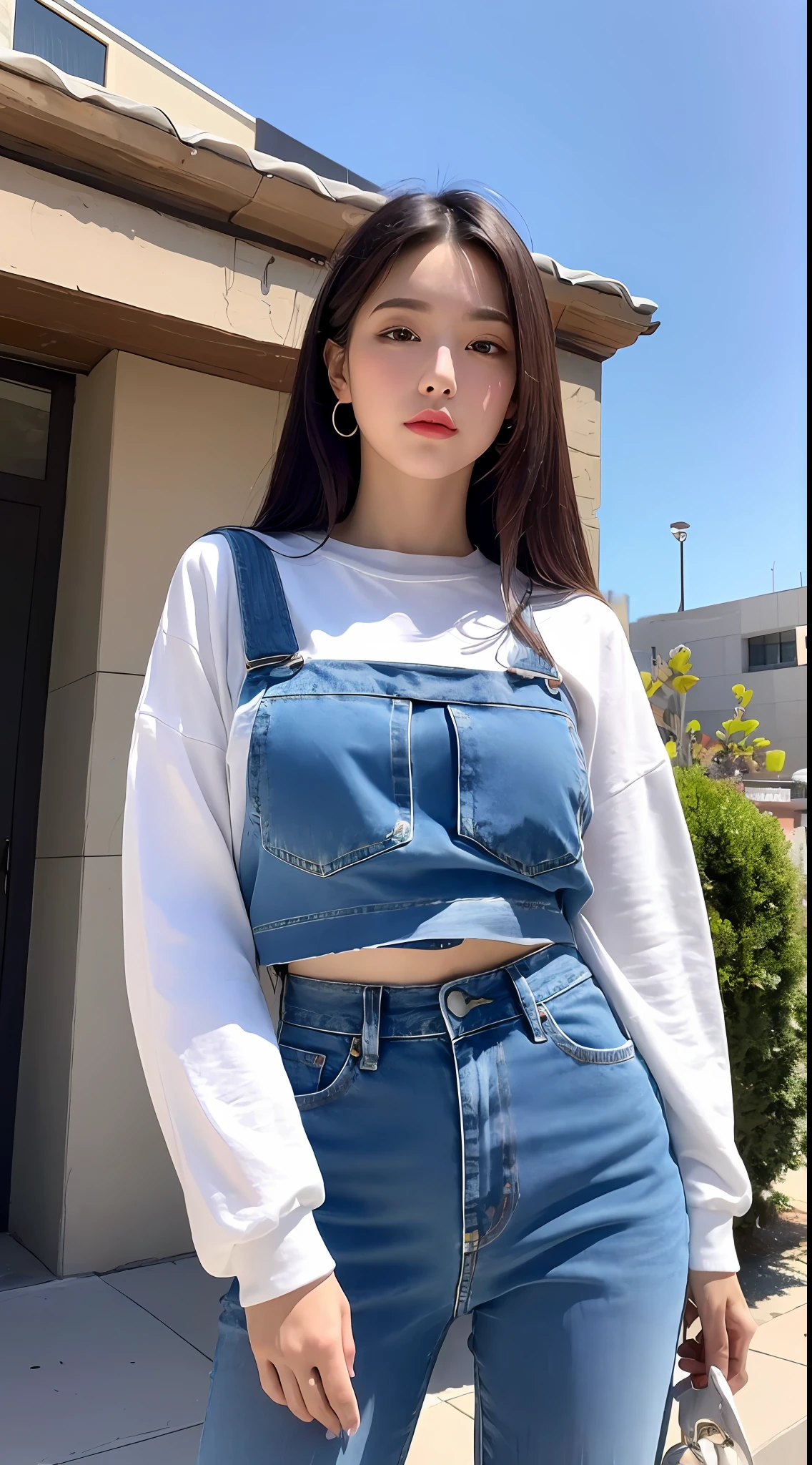 "(((Best quality))), 8k, iPhone 13, vibrant colors, (a young woman), in short jeans and white long sleeve top, facing the camera in the afternoon with a clear blue sky, city, los angeles