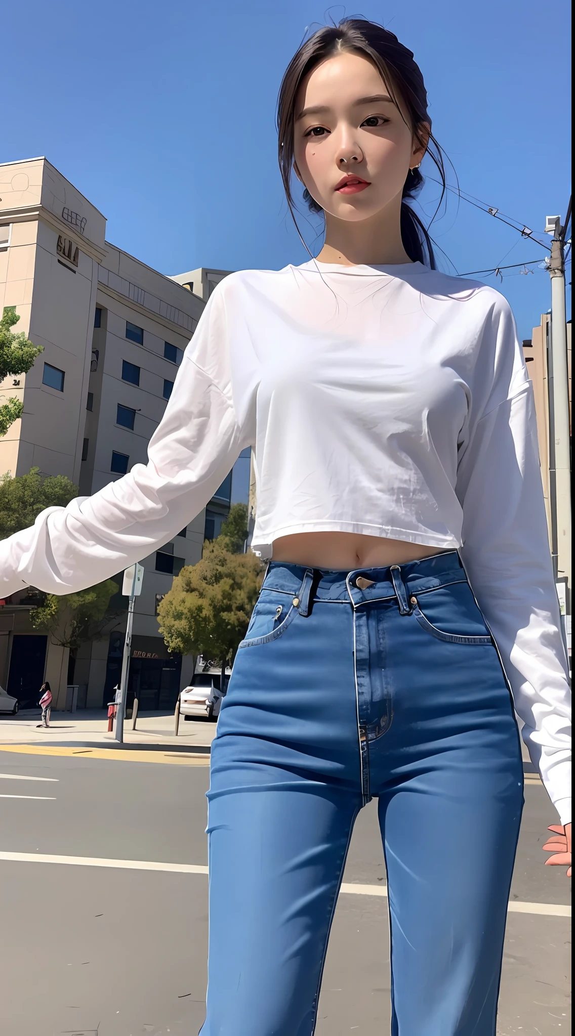 "(((Best quality))), 8k, iPhone 13, vibrant colors, (a young woman), in short jeans and white long sleeve top, facing the camera in the afternoon with a clear blue sky, city, los angeles