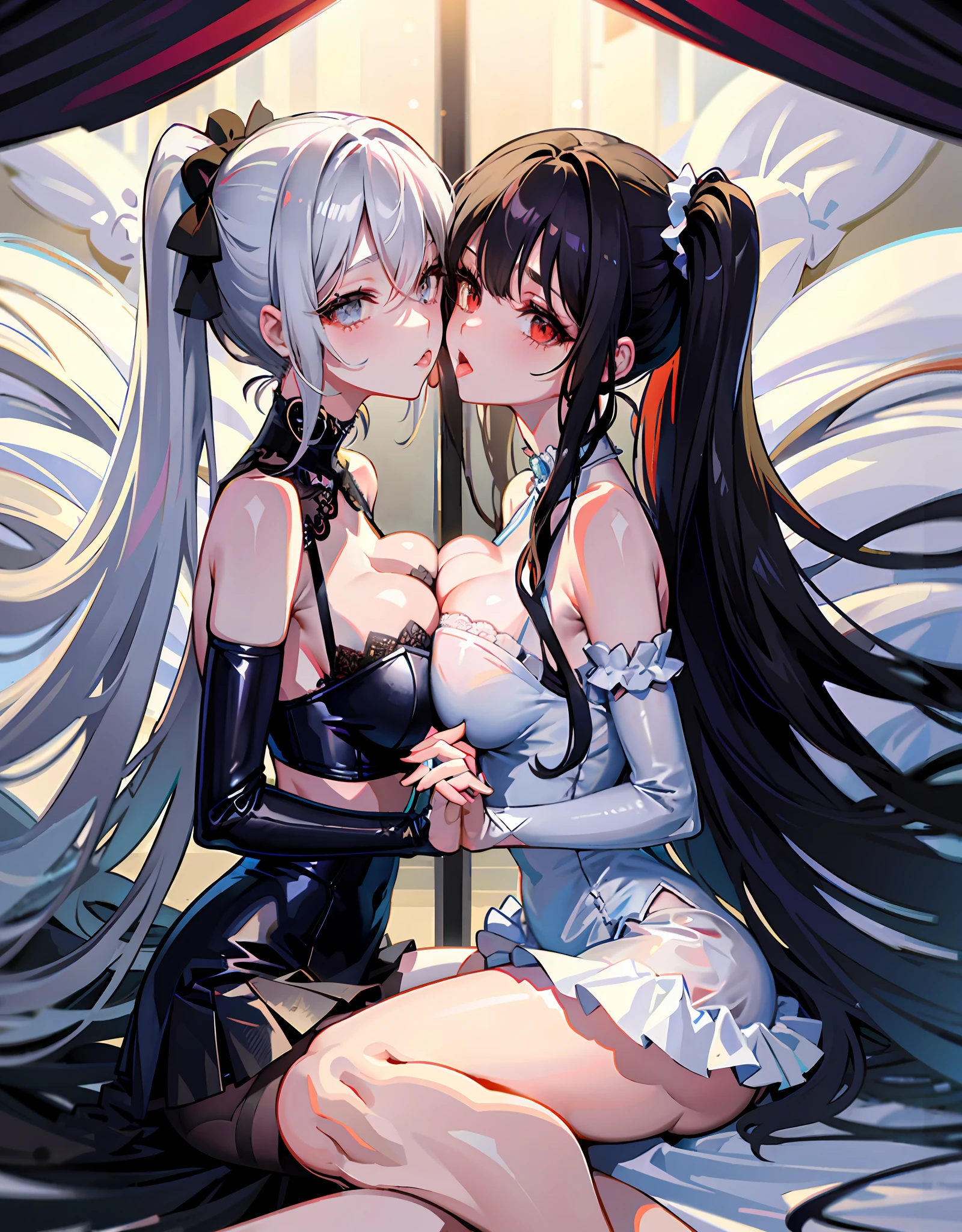 Two anime beautiful girls looking at each other, pressing each other's breasts and hugging each other and kissing fiercely
Two anime beautiful girls hugging in lingerie with a lot of lace and frills See-through　
Big tits
Brown skin
Gray hair ponytail
Black hair Twin tails
Glamour
pretty
lolita
Ecstatic look
bedroom
bed
Tongue-entwining kiss half-eye drool　
Two beautiful anime girls looking at each other head-on, kíssing
pressing their body against each other, embracing and kissing
Brown skin
White hair, ponytail
Black hair, twin-tail
Glamour
Slender
Pretty
Adult
Ecstasy
Half eye, drooling, blushing, tongue
Bedroom Bed