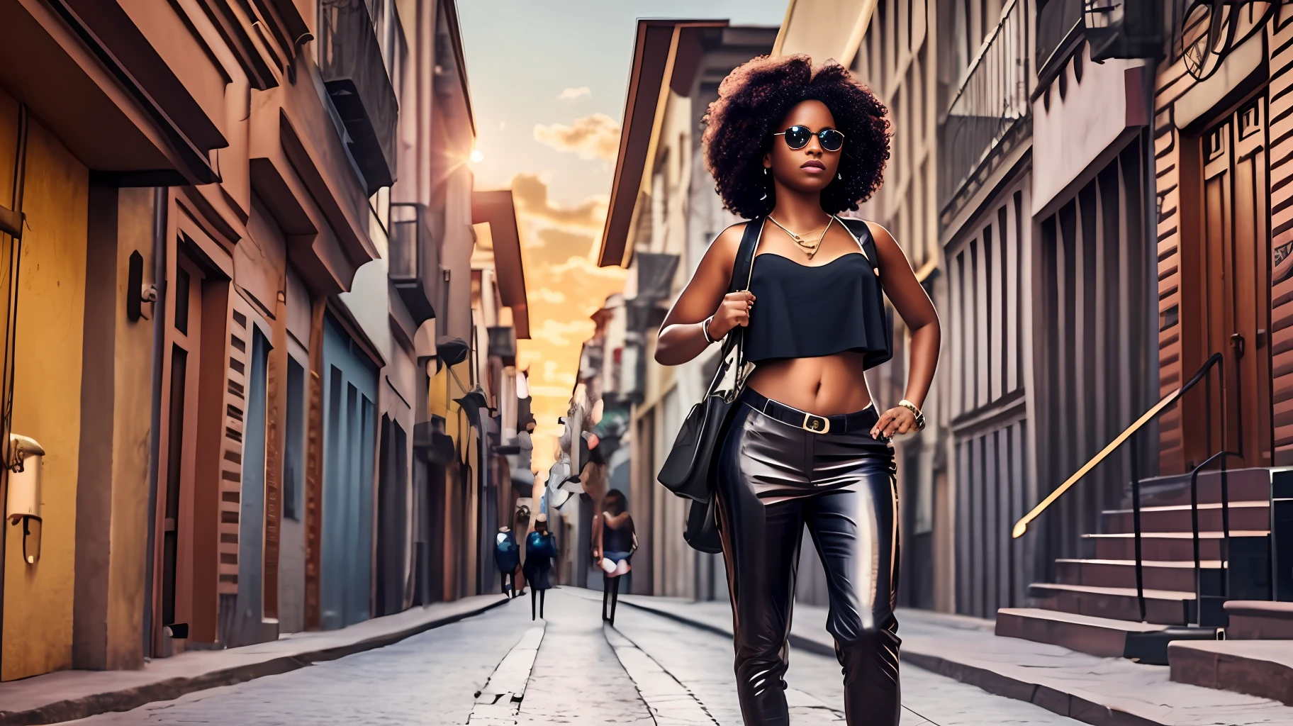 Uma mulher caminhando , full body shot, cgi, dslr, fantastic realism, city background, casual outfit, bronzepunk, black woman, 3d, cinematic, golden hour