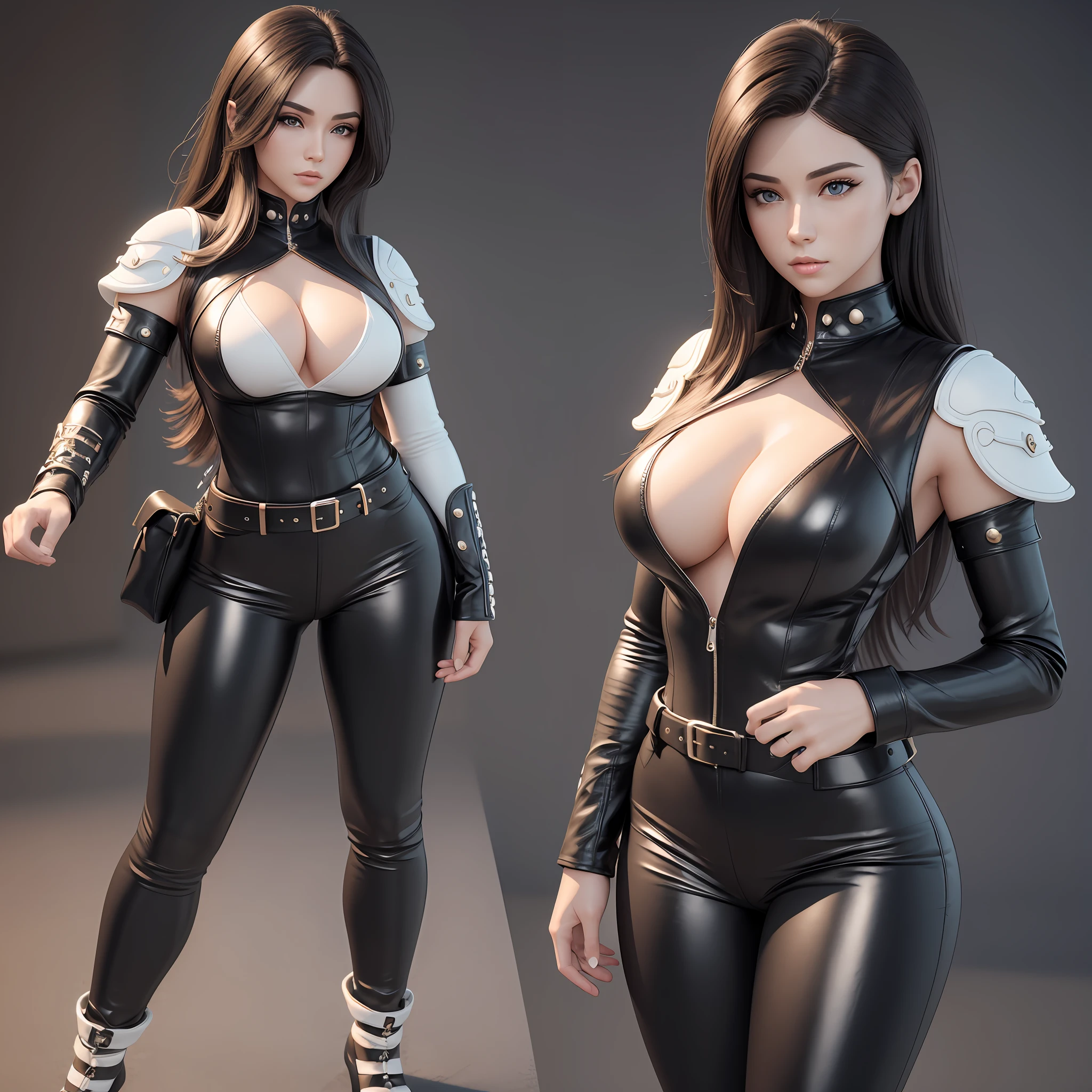 a full body cartoon girl with a very beautiful realistic face and realistic hair, Ultra detailed complex 3d rendering of a beautiful porcelain profile face, in tight leather pants, masterpiece, with perfect soft curves, ultra quality render, with black belts and bags like RPG concept. --auto --s2