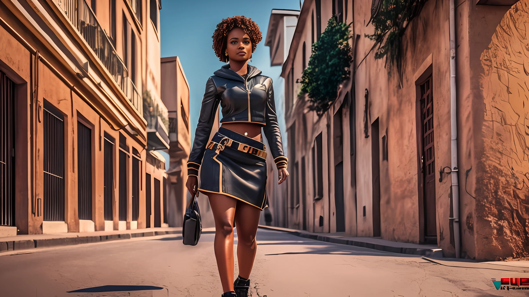 Uma mulher caminhando , full body shot, cgi, dslr, fantastic realism, city background, casual outfit, bronzepunk, black woman, 3d, cinematic, golden hour