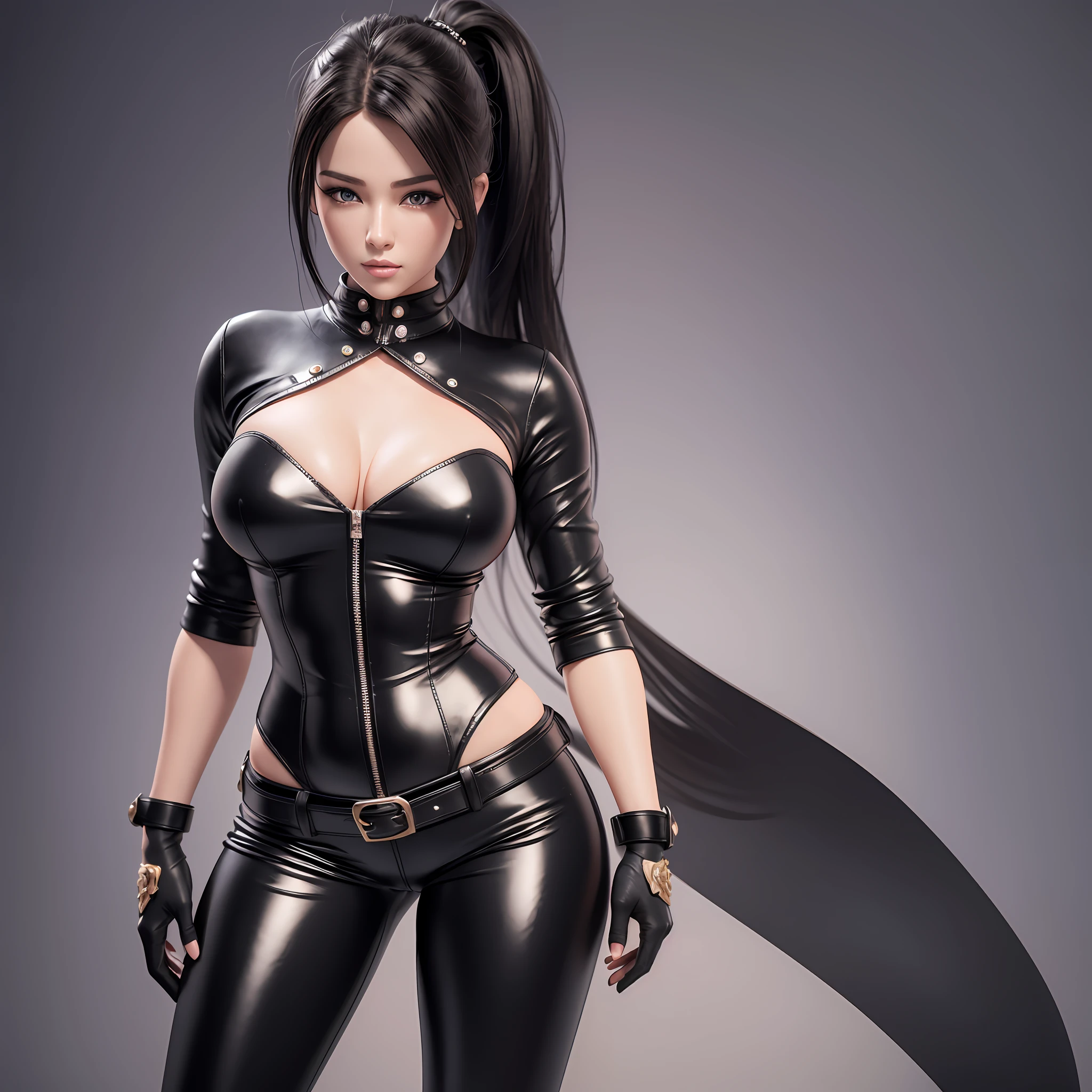 a full body cartoon girl with a very beautiful realistic face and realistic hair, Ultra detailed complex 3d rendering of a beautiful porcelain profile face, in tight leather pants, masterpiece, with perfect soft curves, ultra quality render, with black belts and bags like RPG concept. --auto --s2