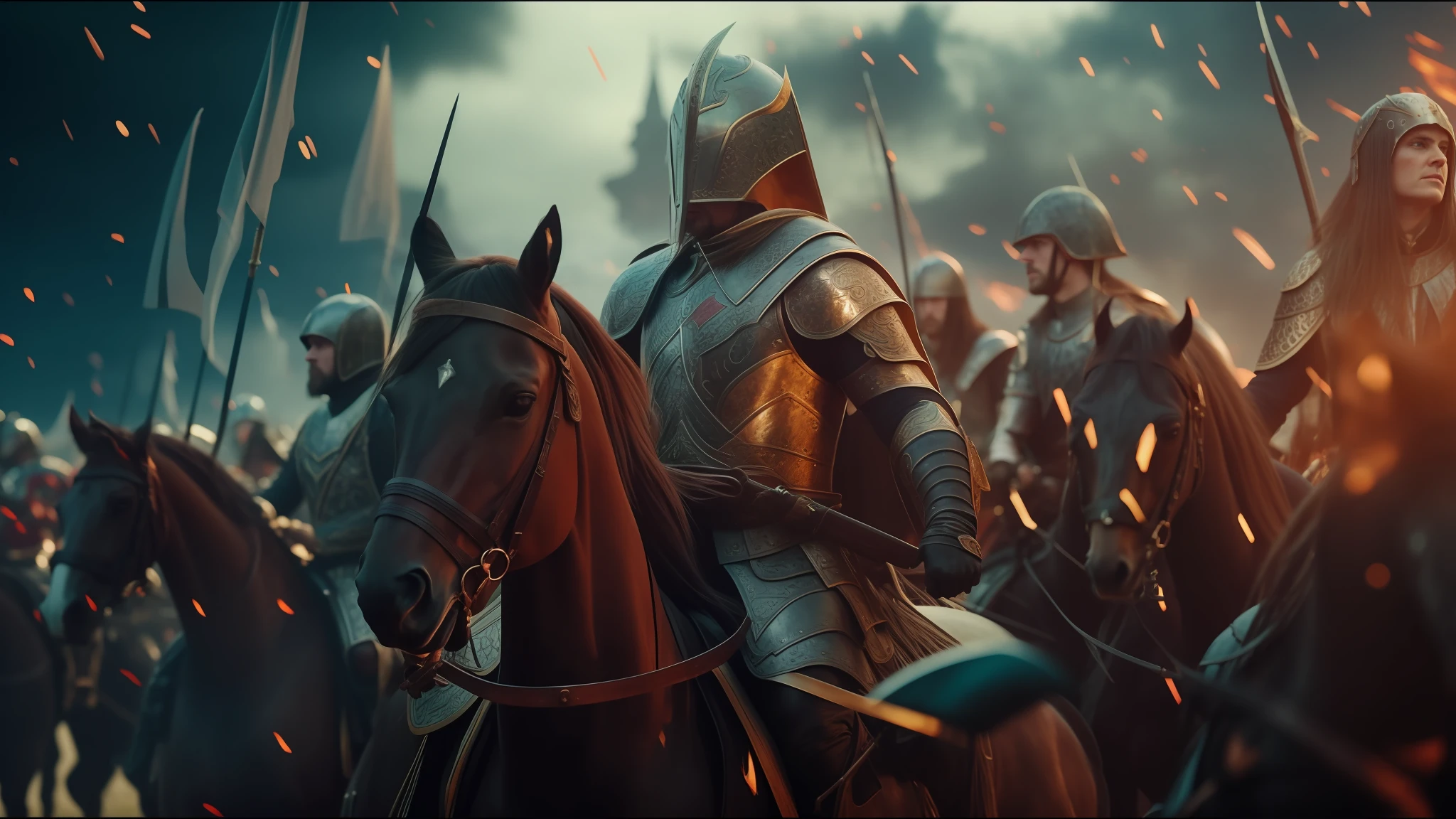 a close-up of a group of people riding horses in a field, elden ring cinematic lighting, heavy metal band promotion, inspired by Kazimierz Wojniakowski, HD screenshot, dressed in military armor, keyframe, helltaker, no text, crusader saint, wolfenstein, by Vladimír Vašíček, 1 0 0 ad