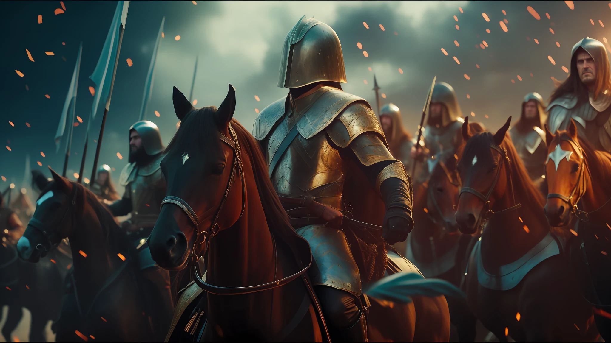 a close-up of a group of people riding horses in a field, elden ring cinematic lighting, heavy metal band promotion, inspired by Kazimierz Wojniakowski, HD screenshot, dressed in military armor, keyframe, helltaker, no text, crusader saint, wolfenstein, by Vladimír Vašíček, 1 0 0 ad