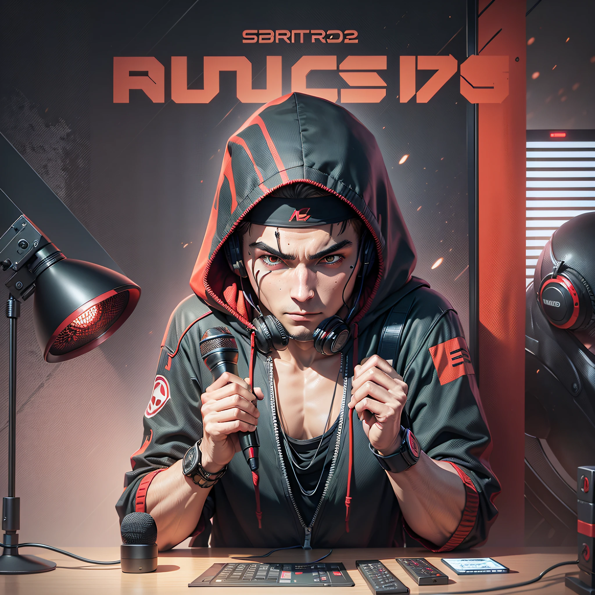 Banner,a hooded ninja with headset, facing camera, with a table in front of it a microphone and electronic equipment, dark theme red and dark colors --auto --s2