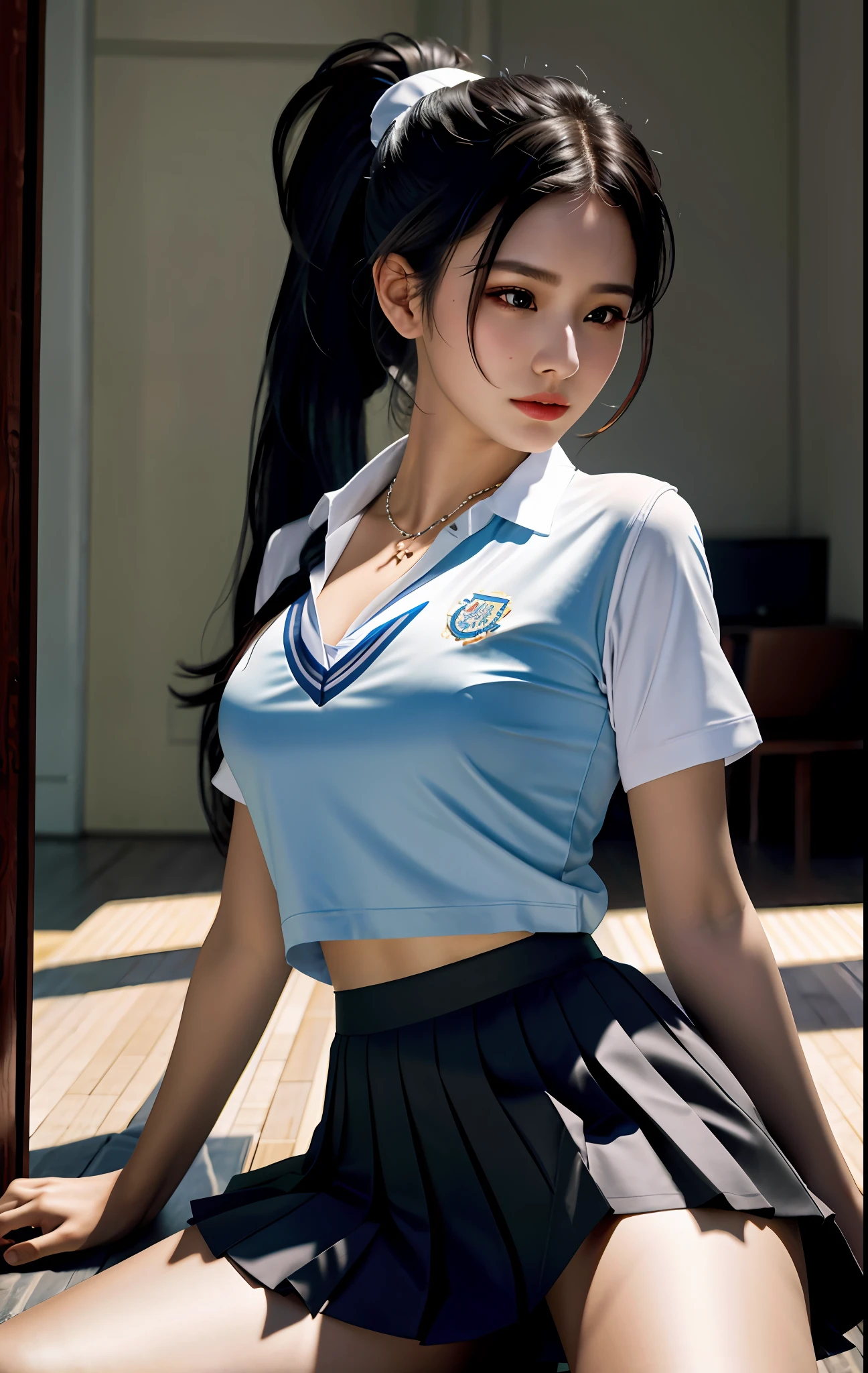 best quality, masterpiece, high_res, 1girl, hair ornament, necklace, jewelry, Beautiful face, tyndall effect, photo realistic, rim lighting, (high detailed skin:1.2), 8k uhd, dslr, soft lighting, high quality, volumetric lighting, candid, Photograph, high resolution, 4k, 8k, Bokeh, medium breasts, absurdres, ponytail contorted, best ratio four finger and one thumb, school girl sport uniform, soaked shirt,