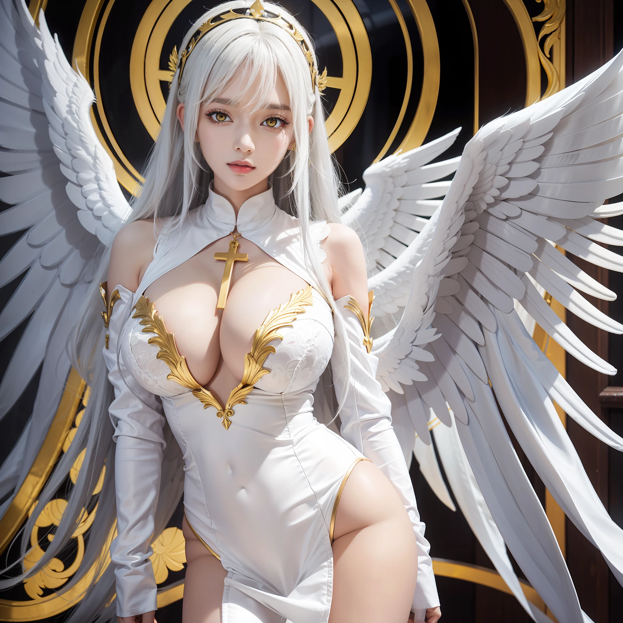 Best Quality, SLR, One Woman (Alathur), Big (1.55), Clear Body Lines, Yellow Eyes, Golden Eyes, White Hair, Saint Sister, Big Wings, Cross, Symmetry, Cleavage, Taut Clothes, Korean, Voluptuous Body
