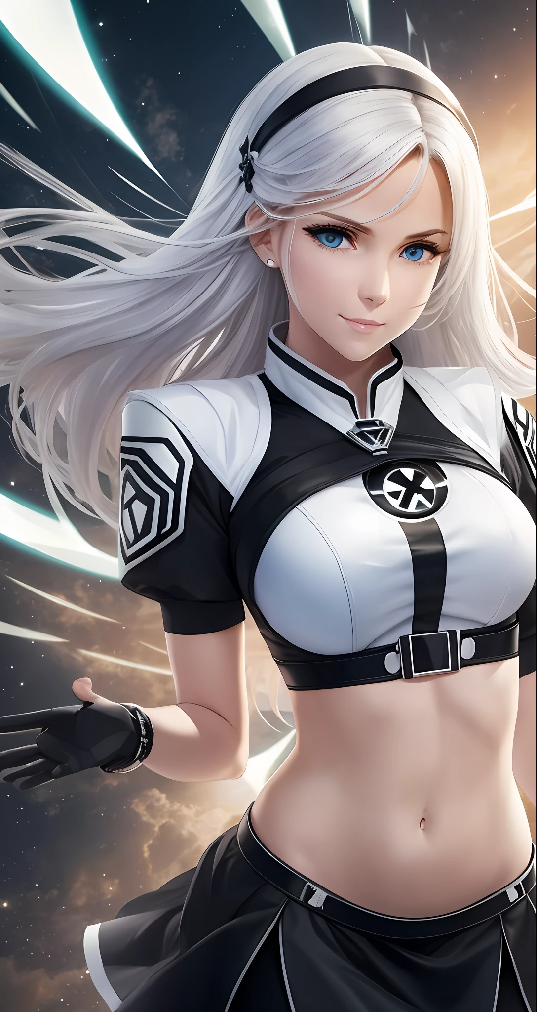 A white woman with black skirt with  white radiation symbol on chest Making a  closed cuff gesture up the sky --auto --s2