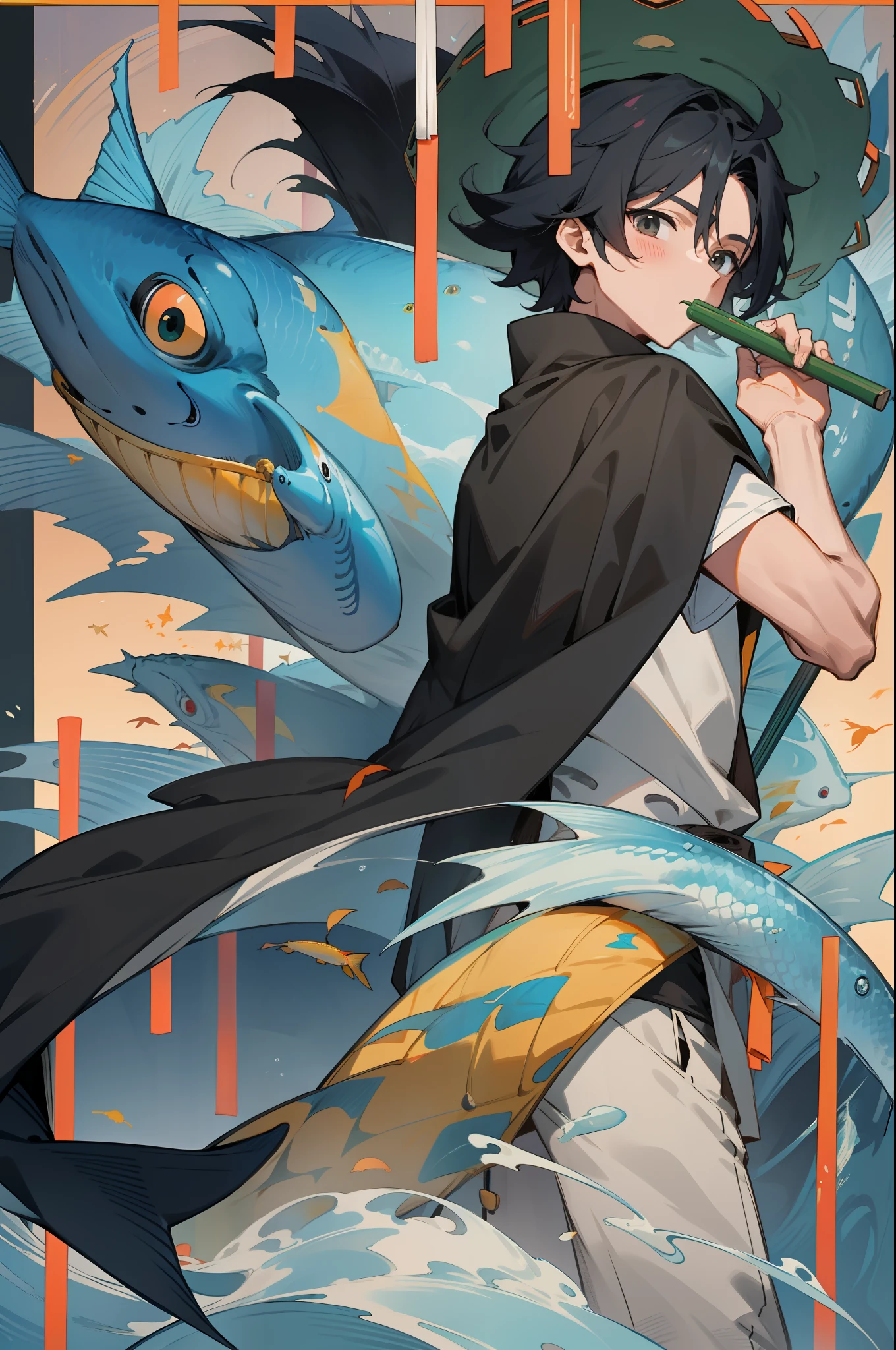 Black-haired male pupil, boy, short-sleeved shorts, wearing a long cape, a straw hat with two streamers and countless wind chimes, blowing a green flute on the back of a huge fish made of water, leading more fish behind him