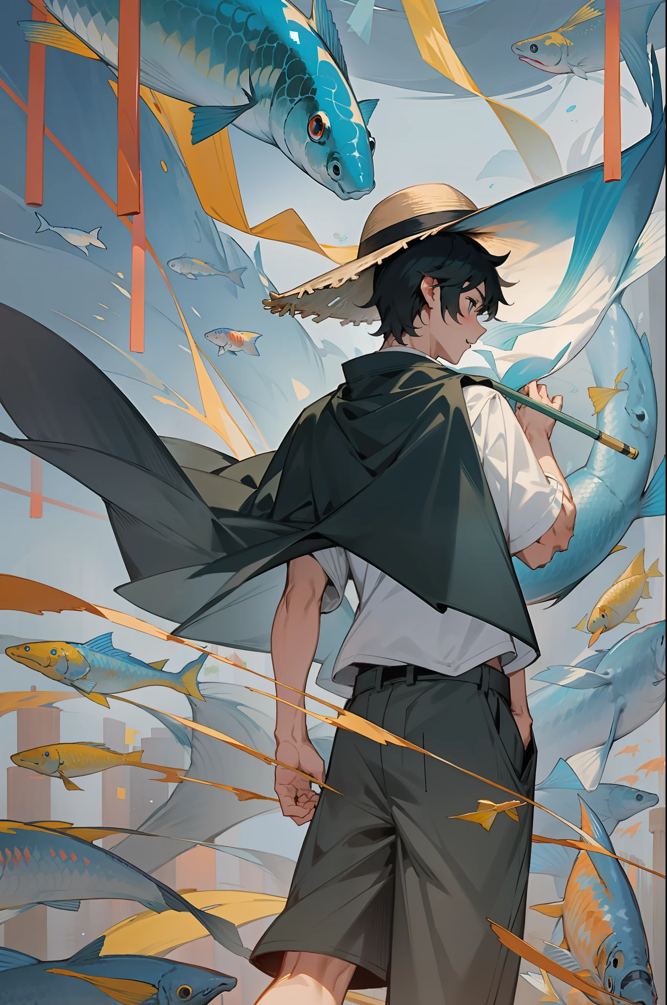Black-haired male pupil, boy, short-sleeved shorts, wearing a long cape, a straw hat with two streamers and countless wind chimes, blowing a green flute on the back of a huge fish made of water, leading more fish behind him