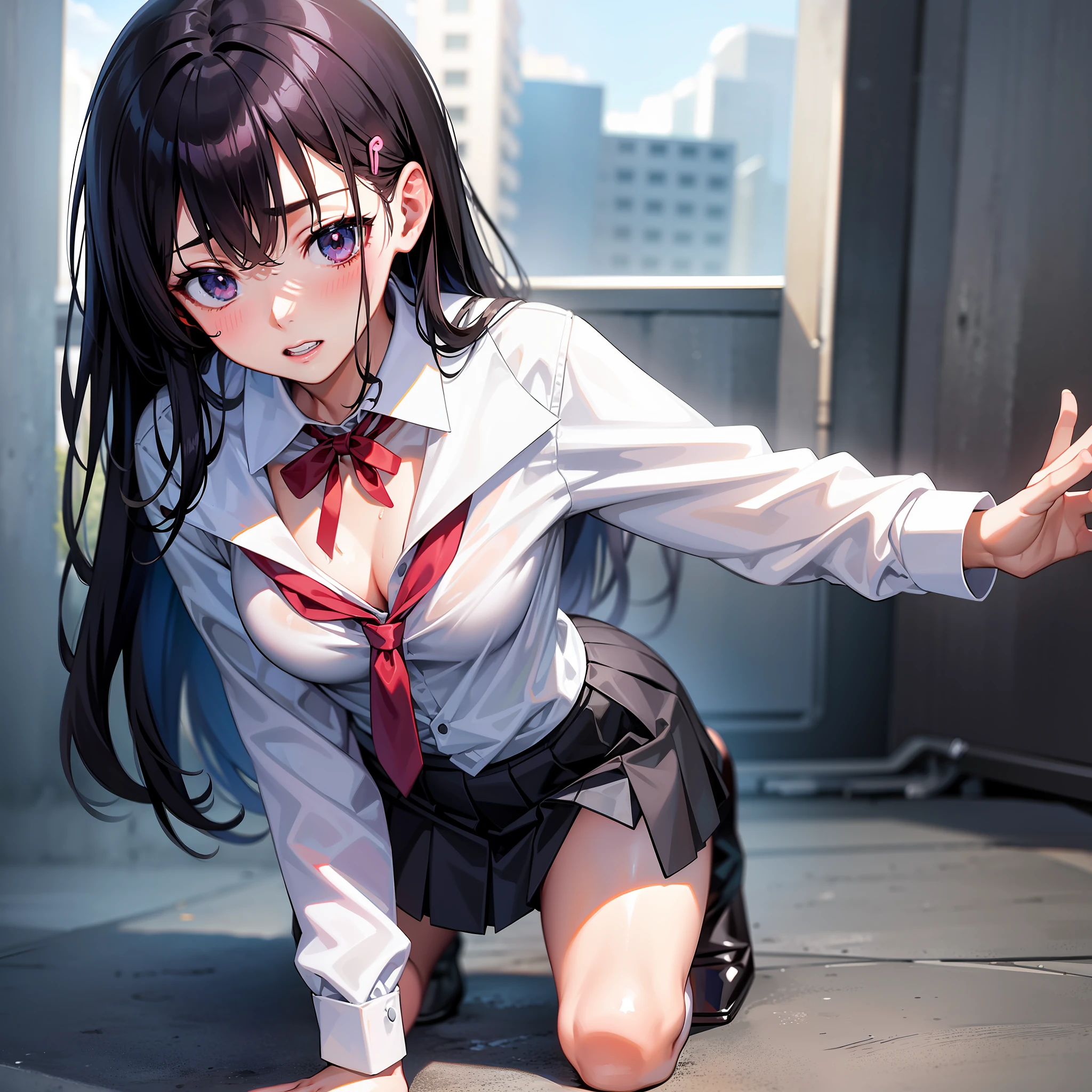 Realistic, Upward, Sideways, School Uniform, Shirt, Ribbon, Wet, Skin, Perfect Eyes, Midchest, Body Line, High Waist Skirt, Urban Background, Long Hair, Mini Skirt, Bra, Hair Ornament, Look Up, Clavicle, White Shirt, Long Sleeves, Loose Tie, Accessories, Teeth, 17 years old, Cherry, Crawling on all fours, Alone, Solo, Panties, Panty Shot, 1 Girl