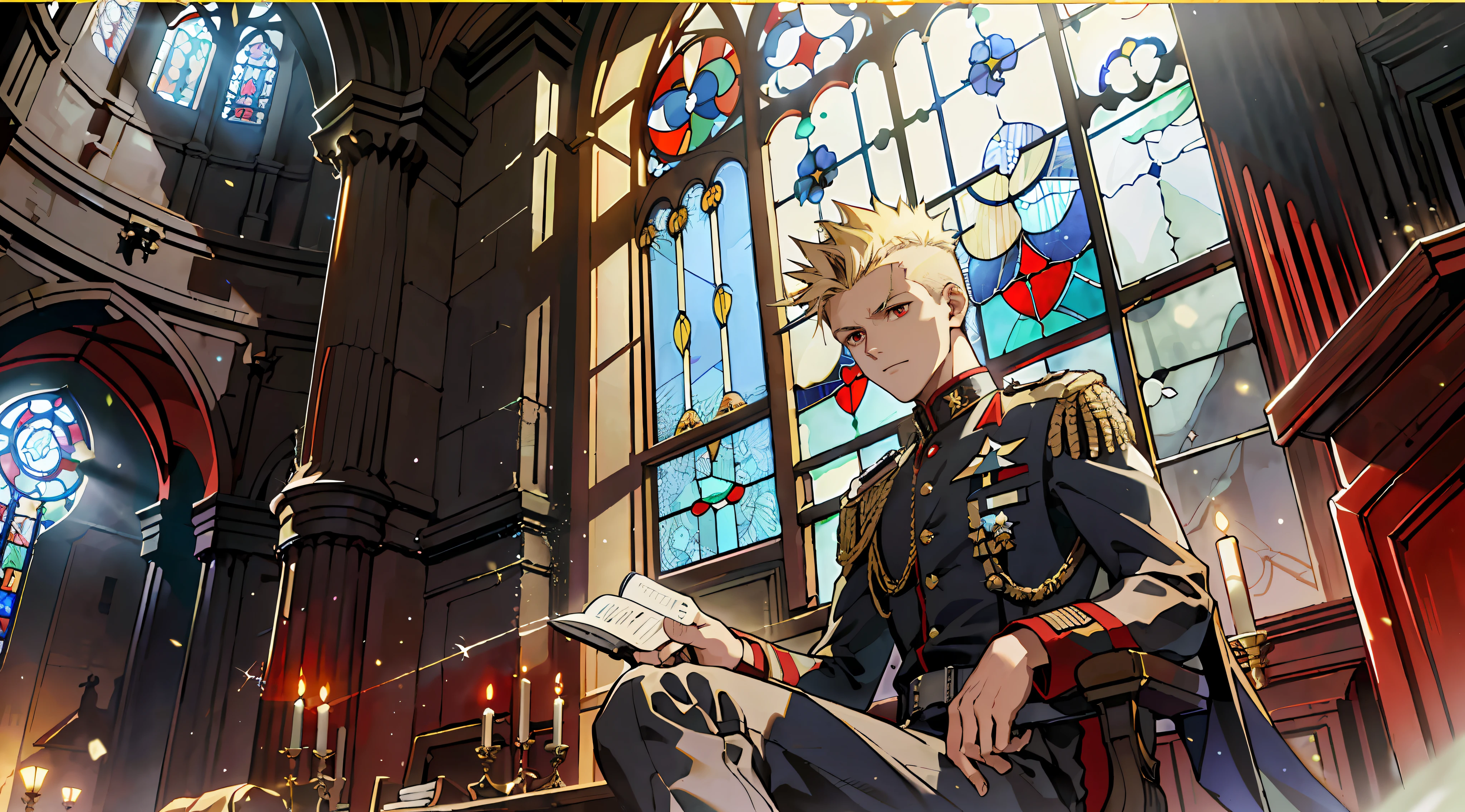 ((Masterpiece: 1.4, Best Quality)), (Short Blonde), (Spiked Hair), Red Eyes, Military Uniform, (Church: 1.2), (Stained Glass: 1.3), One Young Man, Handsome, Pillar, Sky Cover, (Light particles), (Moonlight shining through the window), Dark atmosphere, sit in a chair