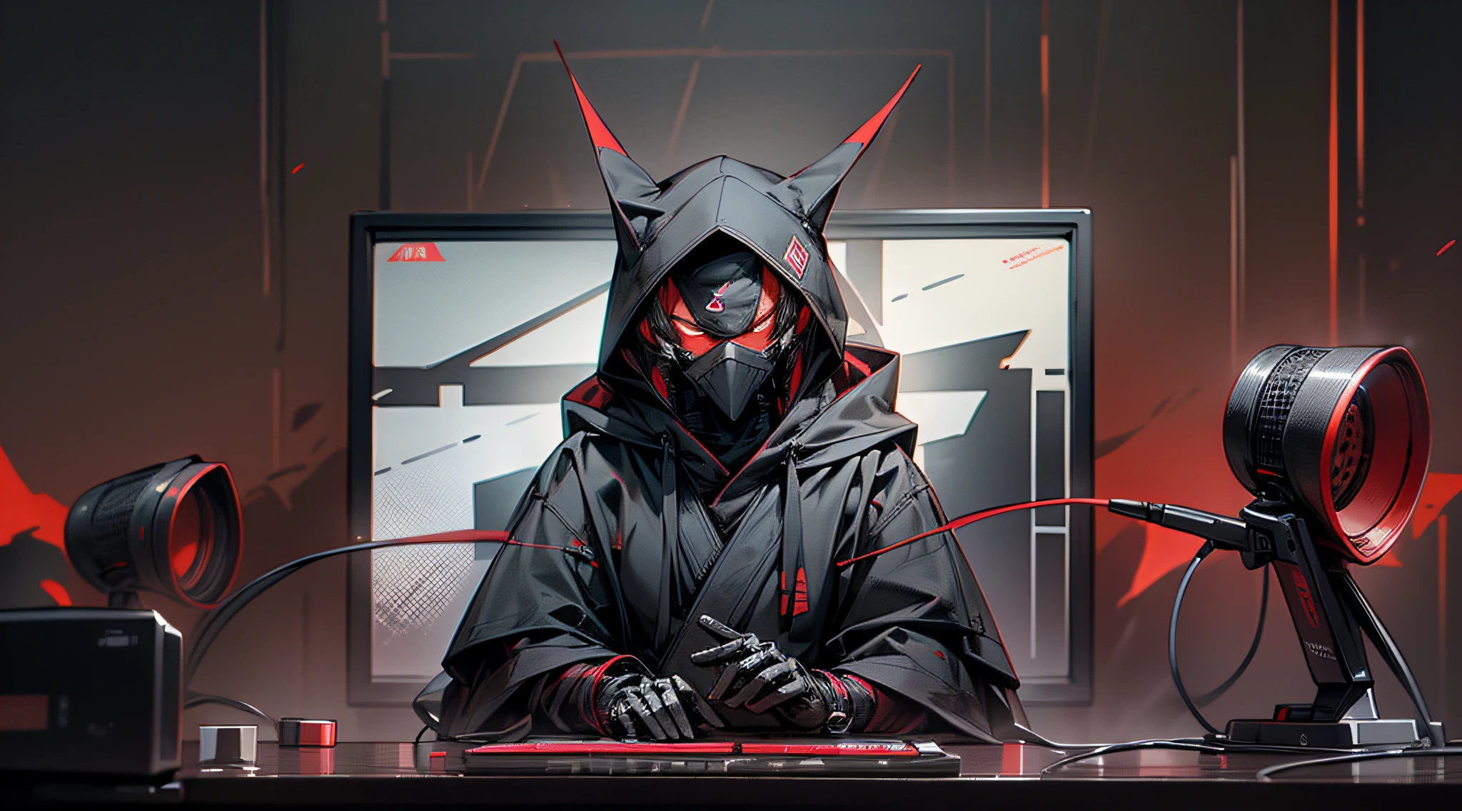 Banner,a hooded ninja with headset, facing camera, with a table in front of it a microphone and electronic equipment, dark theme red and dark colors --auto --s2