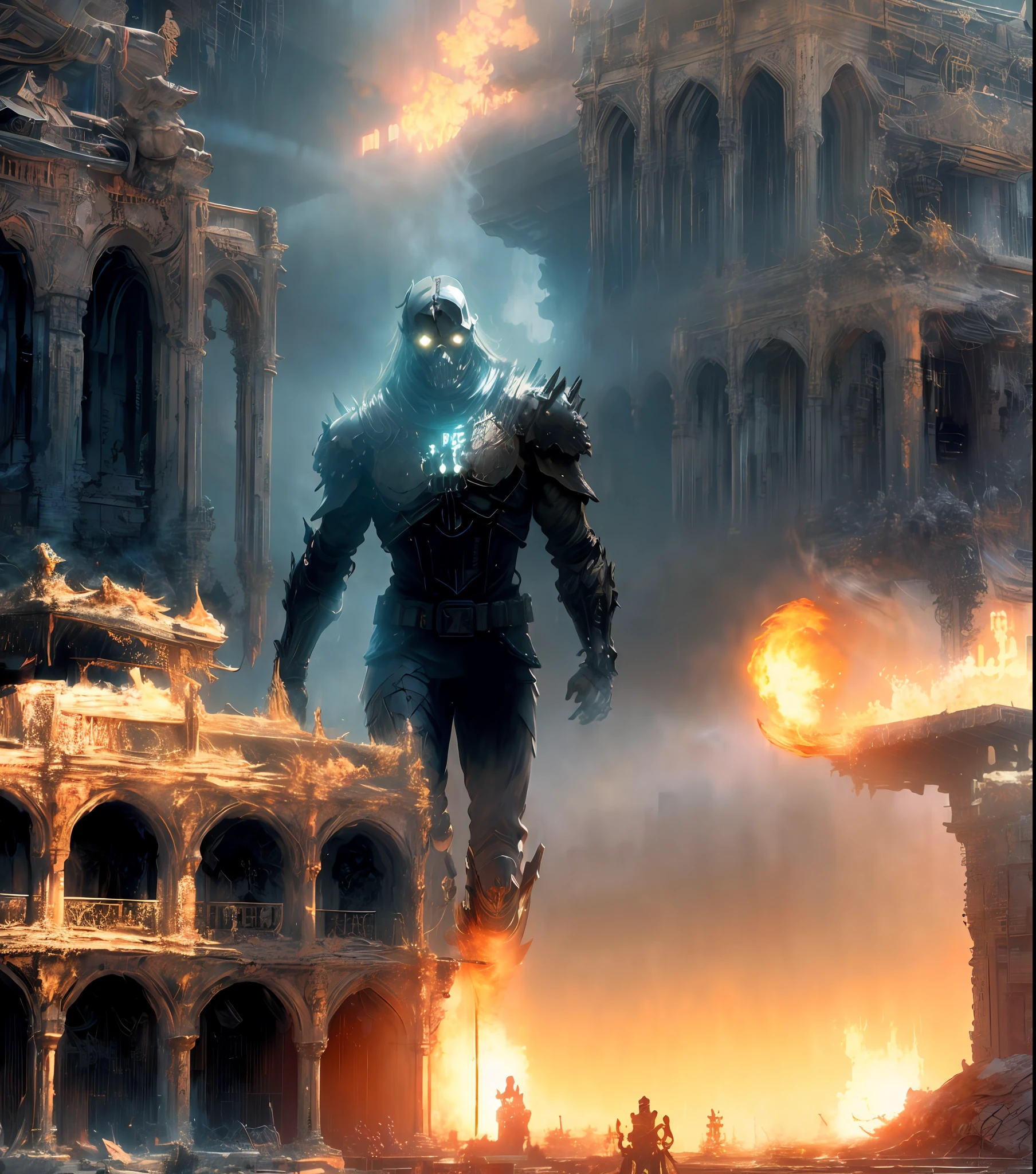 Fantasy realism, apocalyptic ghost rider in a desert ruin, photoshot from below, metal skull, cyber plate armor, (dark atmosphere:1.2), (fog & smoke), (dark night:1.3), scars, (dark medium length disheveled hair:1.1), (eyeshadow:1.1), (beautifully detailed glow:1.2), (Cinematic lighting), intricate detail, highres, sharp focus, smooth, aesthetic, detailed bright desert background,