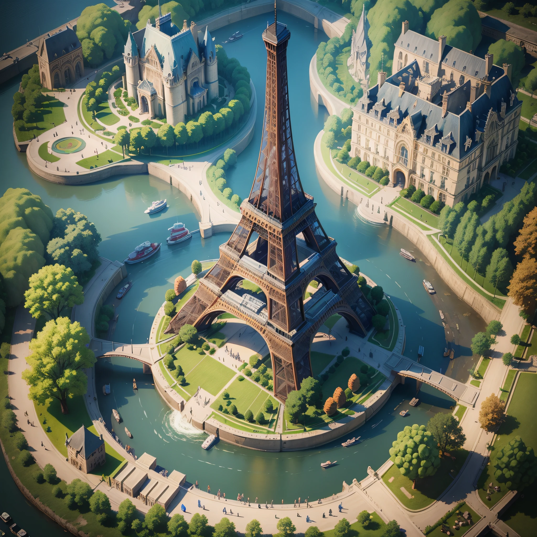 ((Masterpiece)) Top view of Paris, Eiffel tower, Game architectural design, cartoon, town, stone, brick, meadow, river, flowers, casual game style, 3d, blender, masterpiece, super detail, best quality