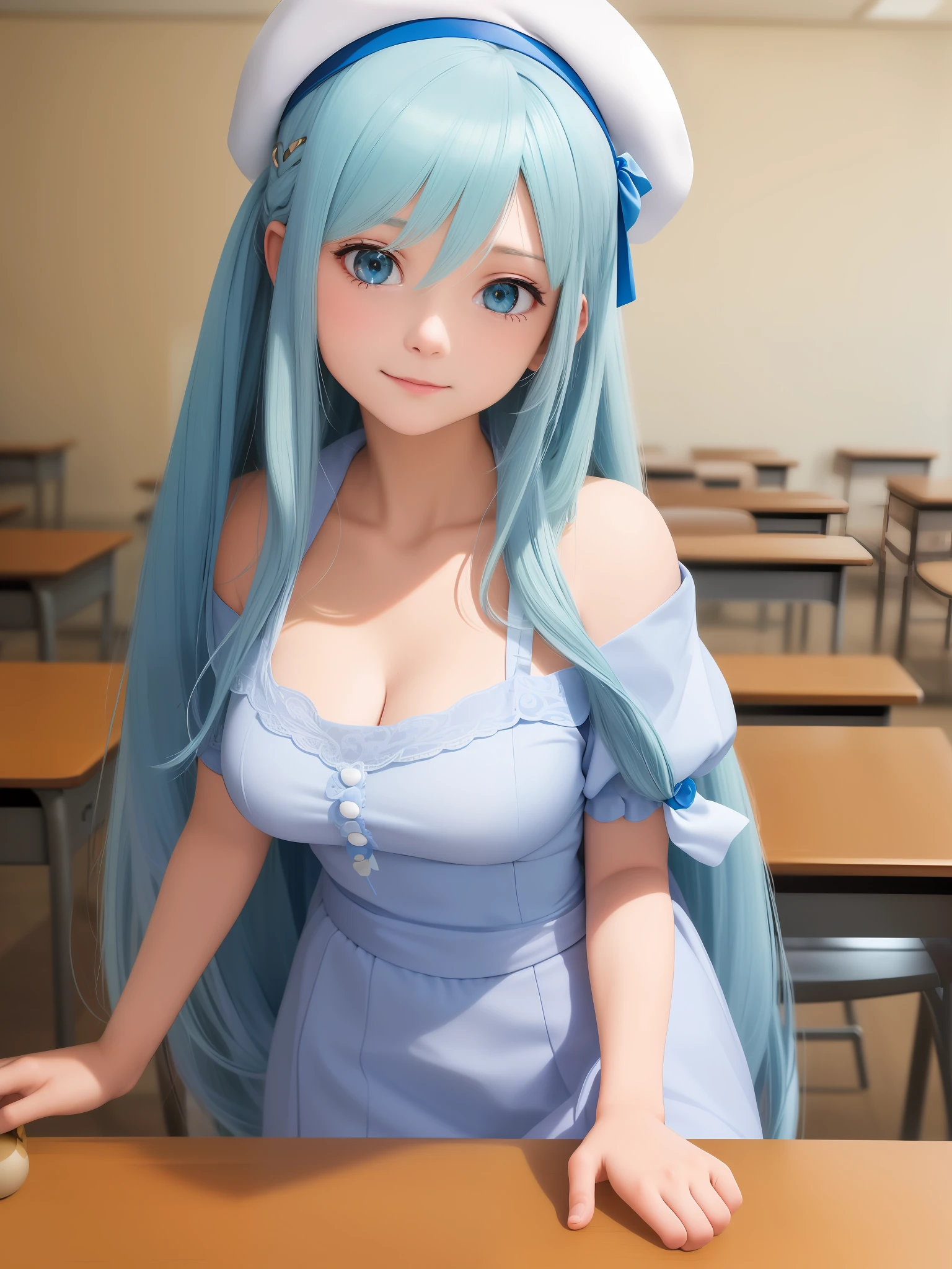 (best quality: 1.4), highres, masterpiece, ultra detailed, realistic, 1girl, (light blue hair: 1.1), medium breasts, (white beret: 1.2), hair clips, (blue sailor suit: 1.2), classroom, detailed face, (portrait: 1.0), Aqua from Konosuba anime