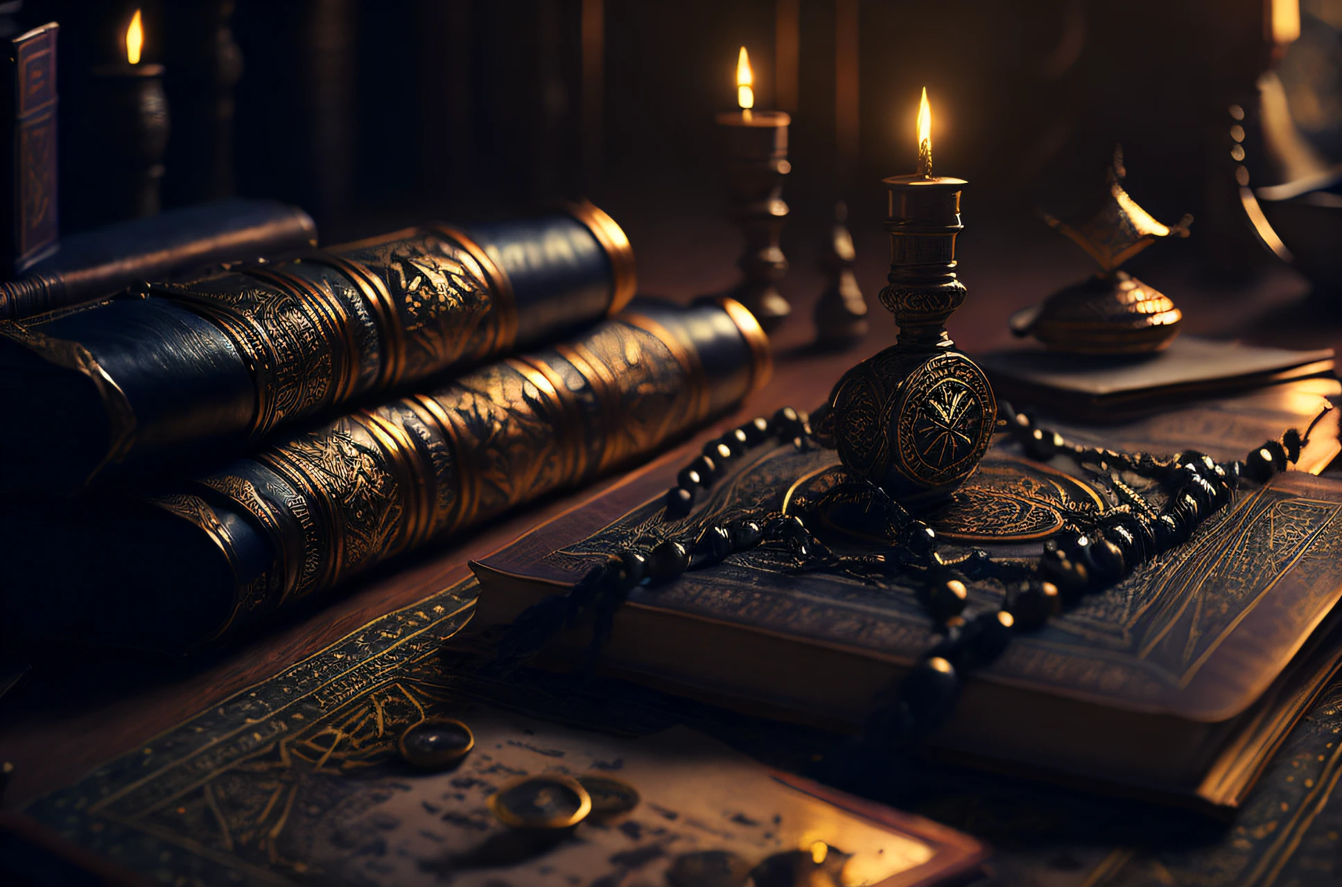 Arabian oold Magic scrolls and books in medieval library  Muslim rosary compass Magic hour, professional photography, octane render, hyper realistic - amazing sunlight, Dynamic composition, Photography, Sharp focus, Bokeh