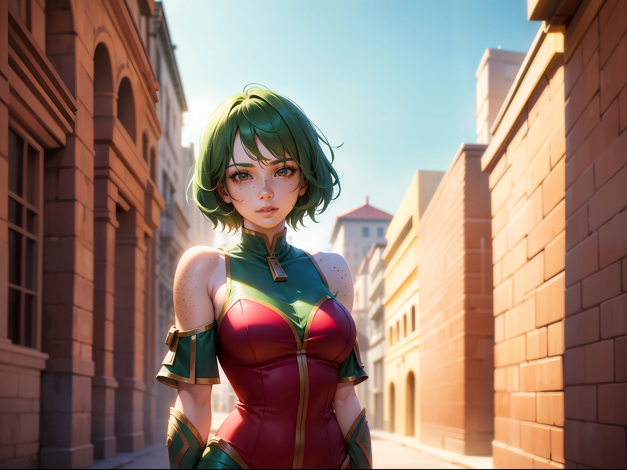 half body, long shot, pretty woman 25 years old posing for photo, short green hair, brown eyes, freckles on face, red dress with shoulder pads, ancient city, side sun, face with shadows, ((cinematic)), color gradient opaque, film grain, ((vintage) ), (((detailed face))) ((high resolution)