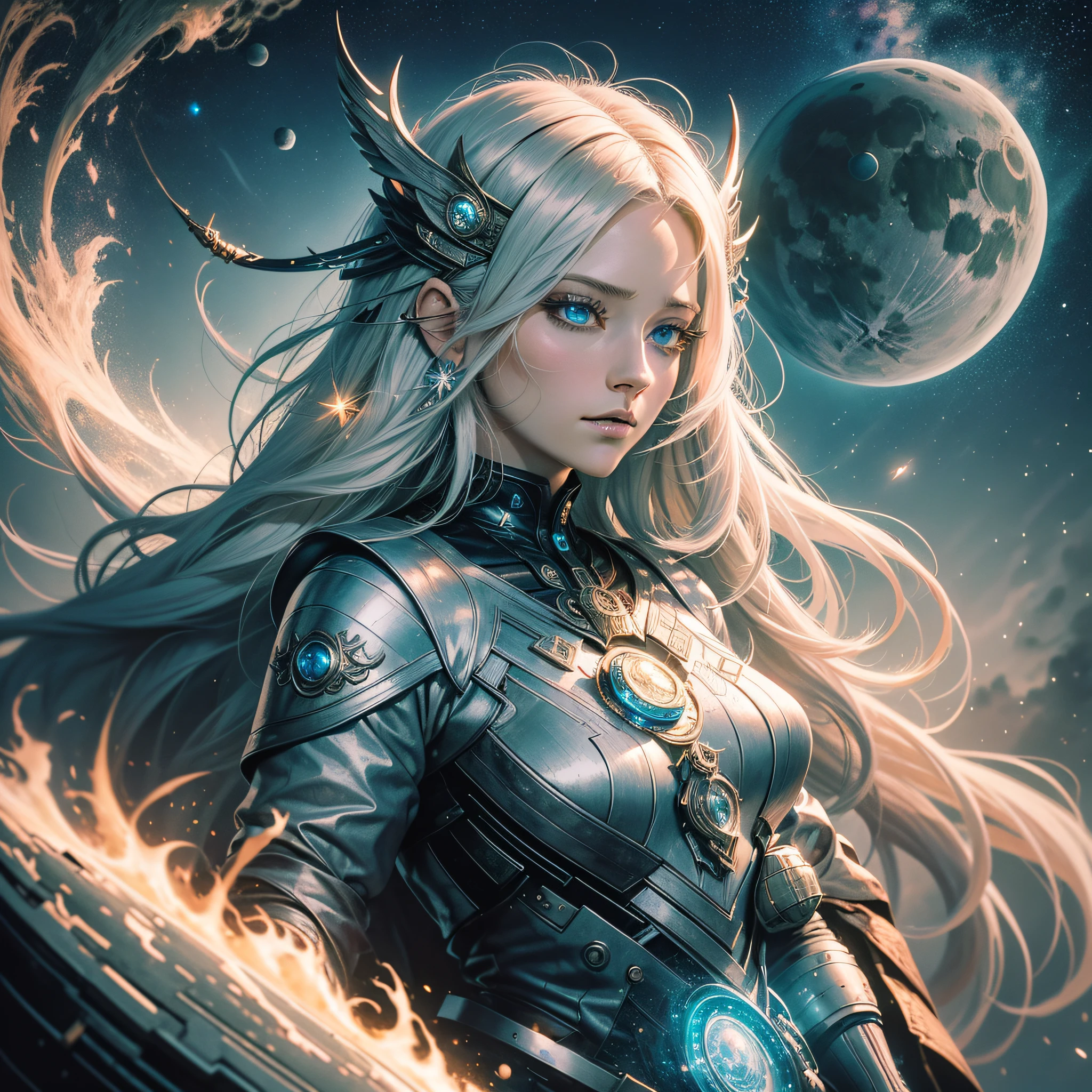 Highly detailed 4k wallpaper, masterpiece, top quality, super detail, best shadow), (detailed background) Powerful 25-year-old female character, long white hair passing between eyes, blue eyes style a space goddess with a detailed mythical beauty