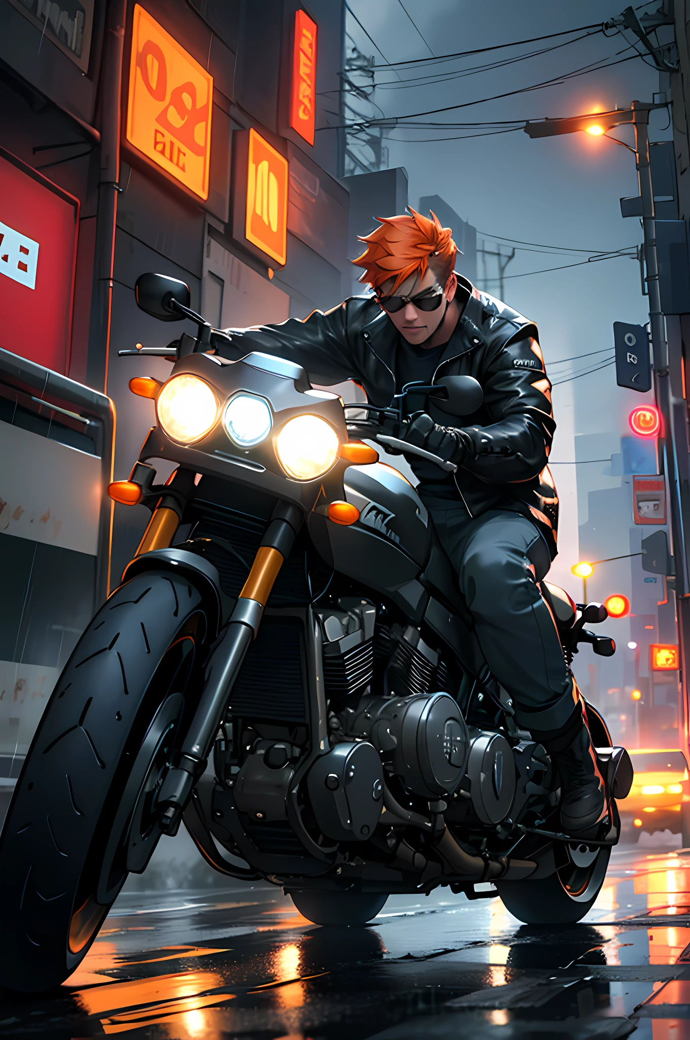 1boy, orange hair, black leather jacket, rain, land vehicle, helmet, mecha, motor vehicle, motorcycle, on motorcycle, vehicle focus, wheel, night, road, street, rain, city, puddles, 8k, ultra realistic, lens flare, atmosphere, brightness, detailed, intricate, full of color, cinematic lighting, trend in artstation, 4k, hyper-realistic, focused, extreme details, unreal engine 5, cinematic, masterpiece, best quality