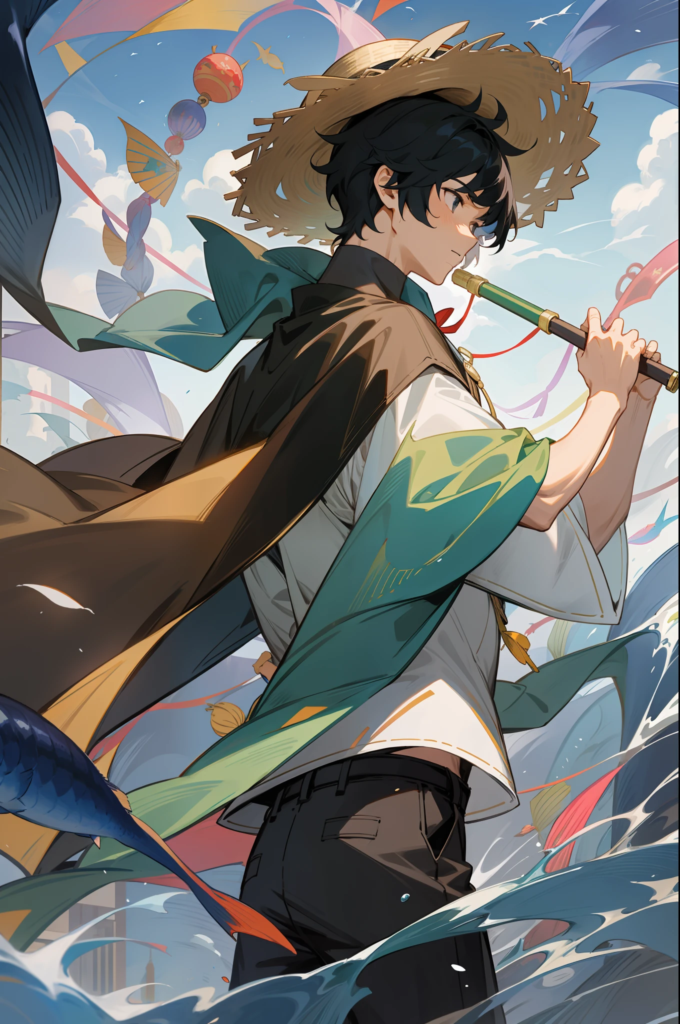 Black-haired male pupil, boy, short-sleeved shorts, wearing a long cape, a straw hat with two streamers and countless wind chimes, blowing a green flute on the back of a huge fish made of water, leading more fish behind him