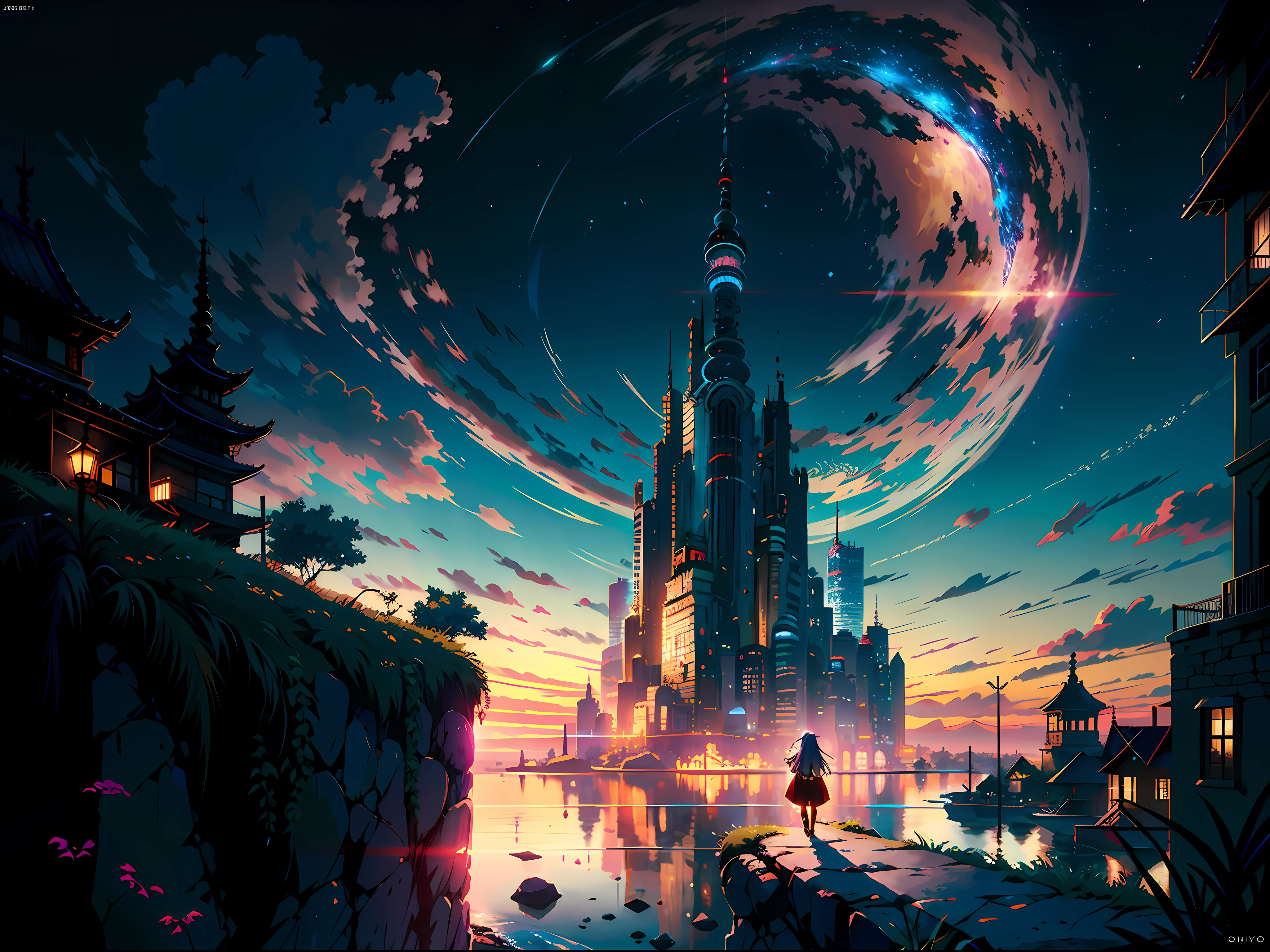anime girl sitting on a ledge overlooking a city and a river, best anime 4k konachan wallpaper, 2. 5 d cgi anime fantasy artwork, intricate ornate anime cgi style,BREAK,Detailed,Realistic,4k highly detailed digital art,octane render, bioluminescent, BREAK 8K resolution concept art, realism,by Mappa studios,masterpiece,best quality,official art,illustration,ligne claire,(cool_color),perfect composition,absurdres, fantasy,focused,rule of thirds