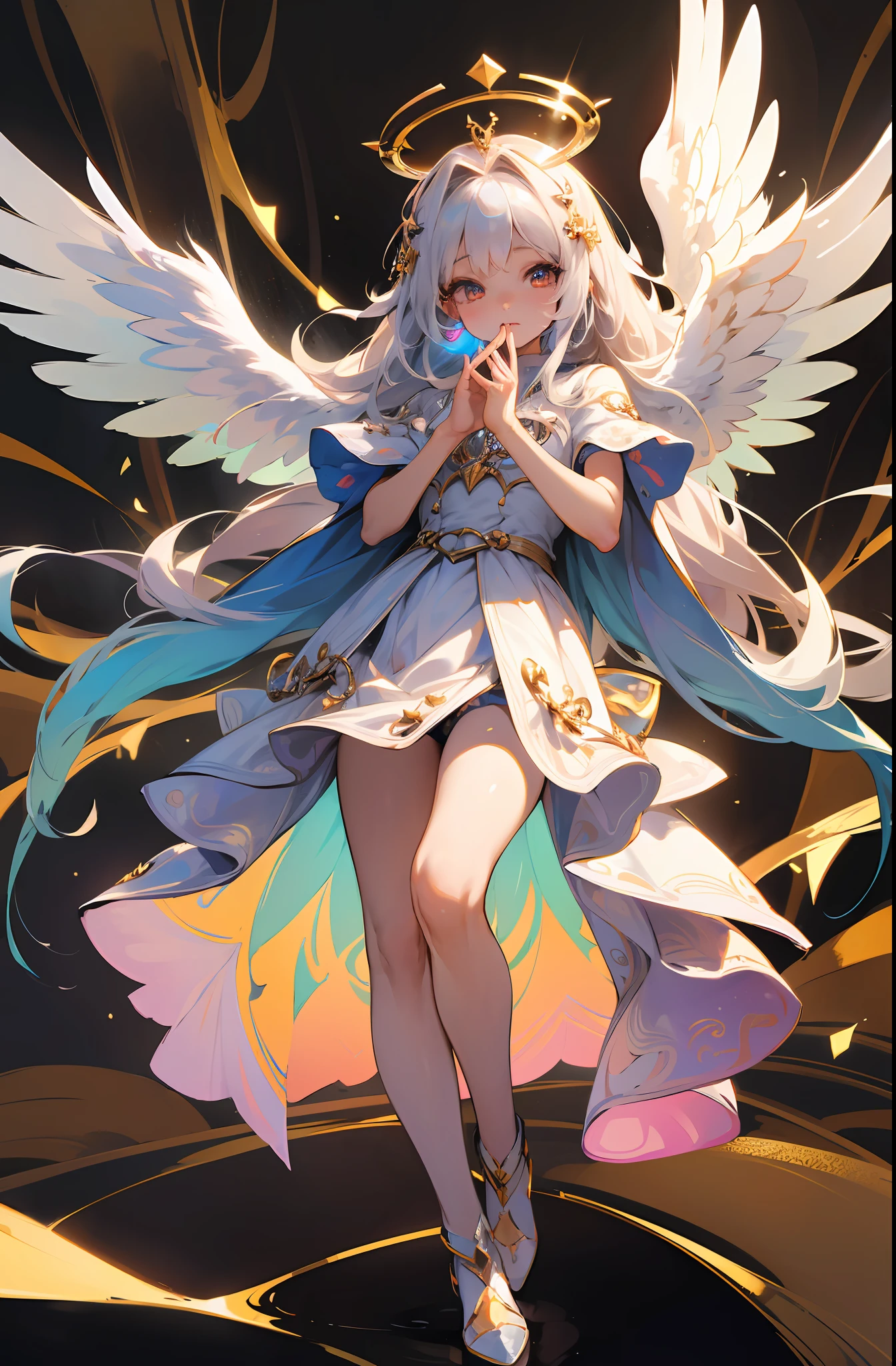 (Chibi: 1.3), (Masterpiece: 1.4), (Best Quality: 1.4), (Very cute angel girl, super detailed face, jewel-like eyes, white very long hair, colorful gradient hair: 1.4), (Angel Ring:
1.4), (Angel Wings: 1.4), (Full body, perfect 2 arms, perfect 2 legs: 1.4), (Perfect 4 fingers: 1 thumb), light, shine, bokeh, super fine